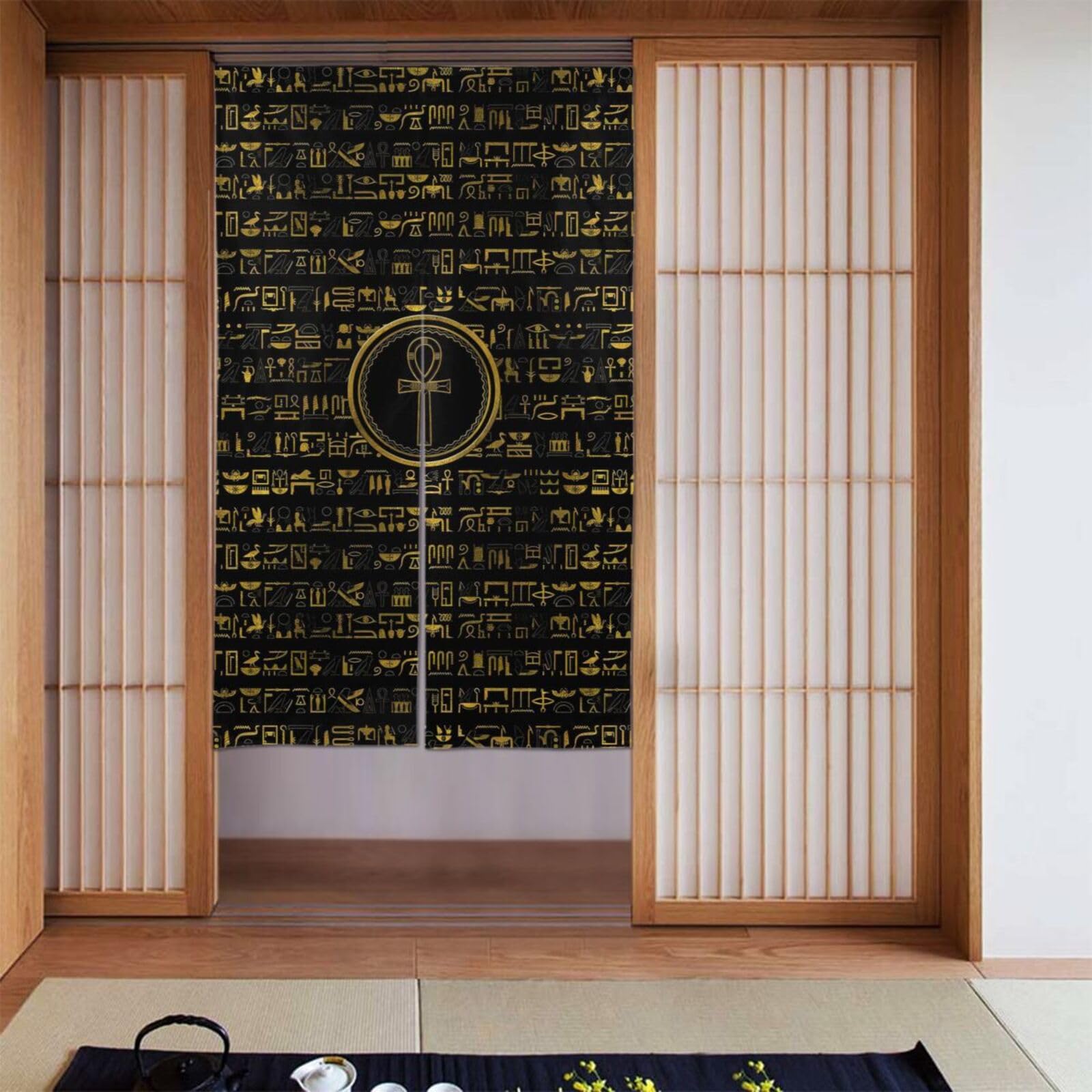 Lukiyys Golden Egyptian Ankh Egypt God Hieroglyphs Door Curtains,Doorways Curtains for Windows,Bedroom Divider 34"X 56"