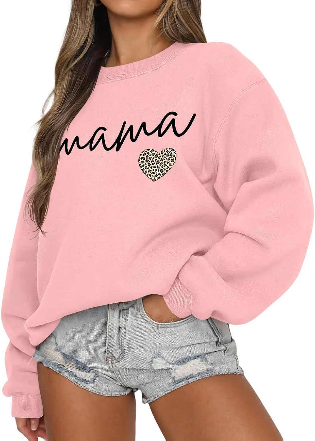 LEEDYA Women Long Sleeve Mama Sweatshirts Crewneck Casual Fall Pullover Tops Oversized Knit Mom Sweater