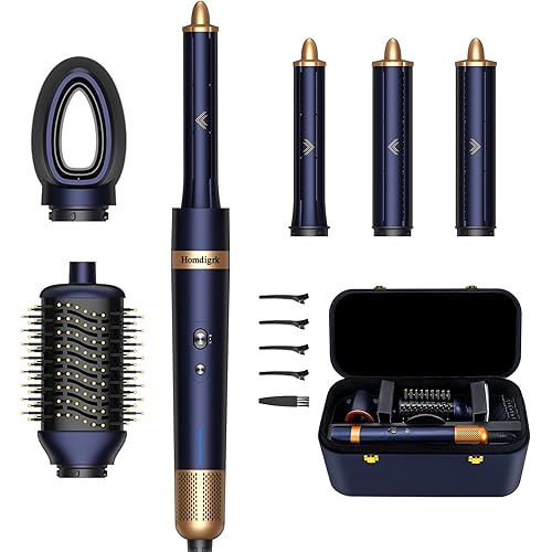 6-in-1 Hair Dryer Brush & Curling Iron Set, Hot Air Styler Hair Curler for Fast Drying, Smoothing & Volumizing, No Heat Damage, Professional Blowout Tool with Travel Case - Prussian Blue