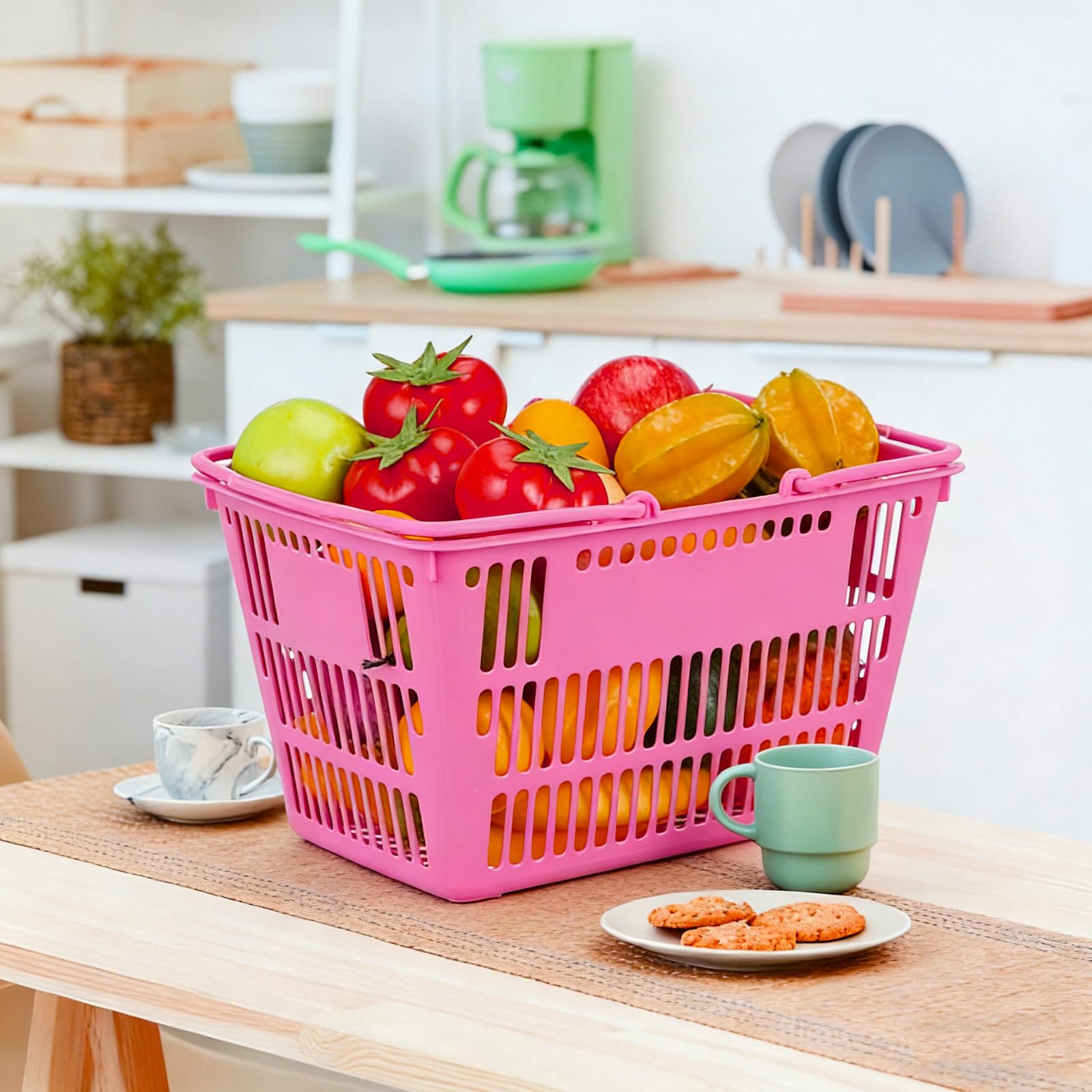 Cesta de Supermercado de Plástico Resistente con Gran Capacidad de Almacenamiento y Asas, Adecuado para Compras y Organización de Juguetes o Artículos Varios