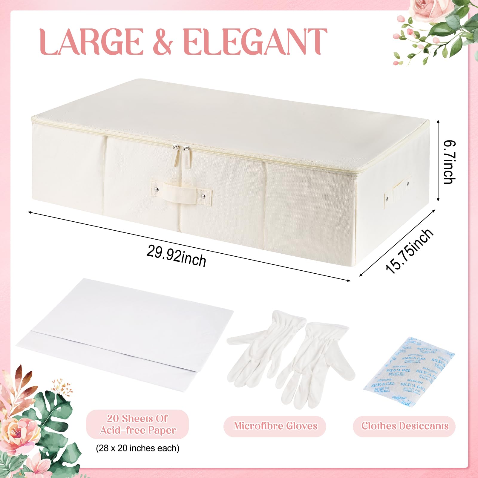 Scatola portaoggetti per abiti da sposa, scatola per conservare abiti da sposa, con 1 paio di guanti in microfibra e 20 fogli di carta velina priva di acidi, per conservare abiti da sposa,