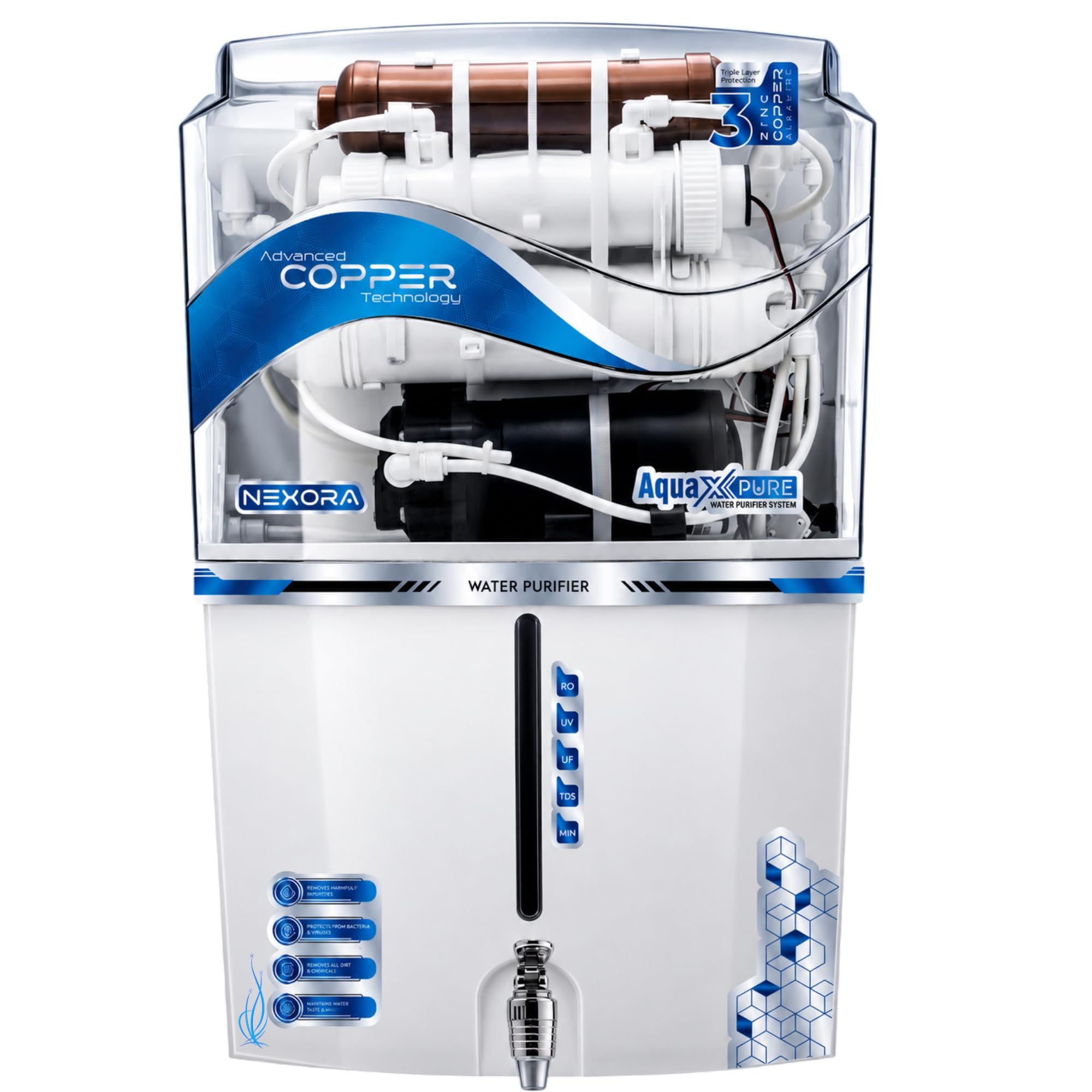 Aqua X Pure Nexo NextGen RO Water Purifier| RO+ UV+ UF+ Alkaline | High TDS Controller | Copper+Zinc Health Booster | 12 L Storage Tank | 20 LPH Fast Flow | 1 Year Warranty(AUTOMATIC ON/OFF*).-image-21