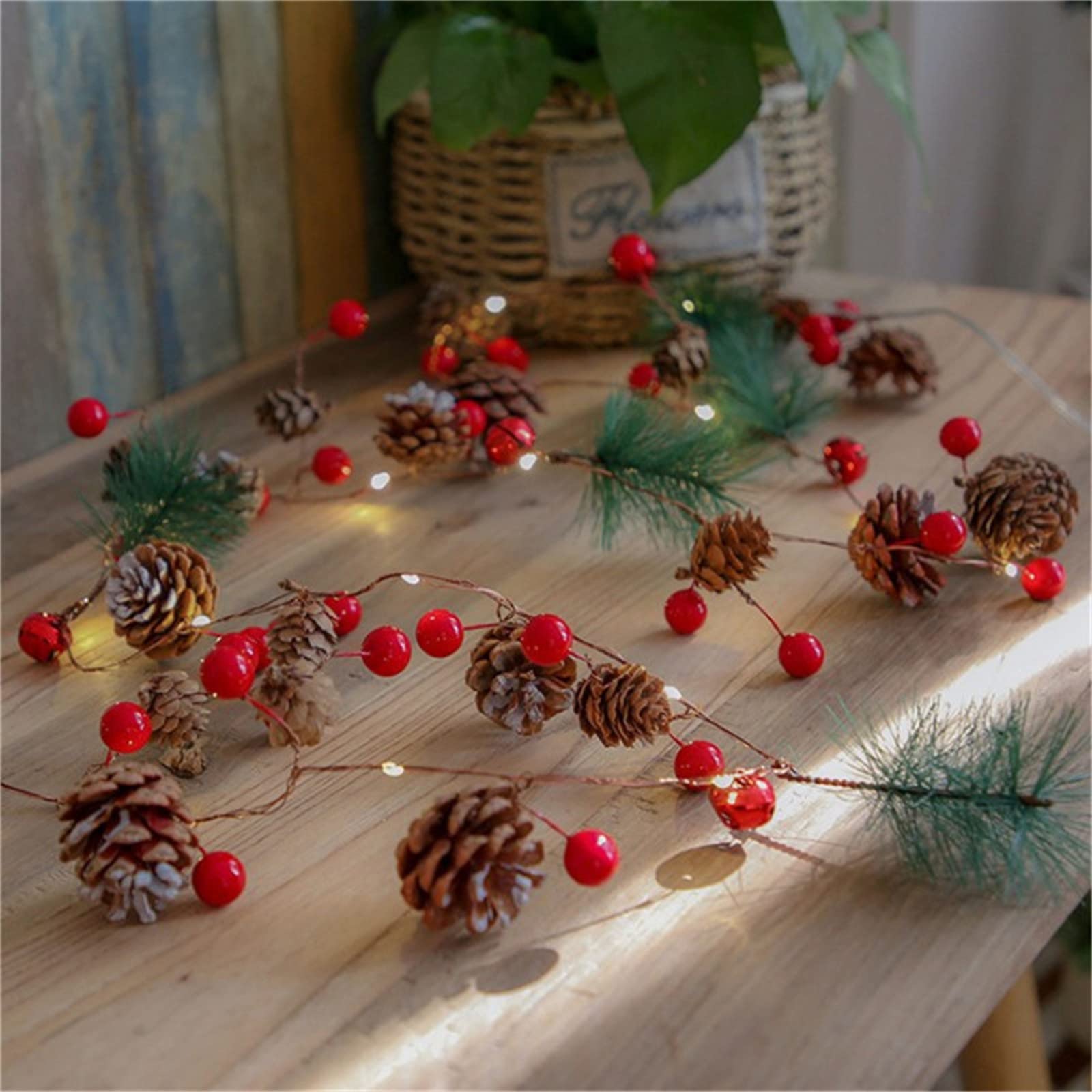 JeffMVPChristmas Pine Cones Red Berry Bell Garland Wreath LED Fairy String Lights Battery Operated Indoor Outdoor Decor for Xmas Tree Party Wedding Home Bedroom Wall Garden Ornament Decoration