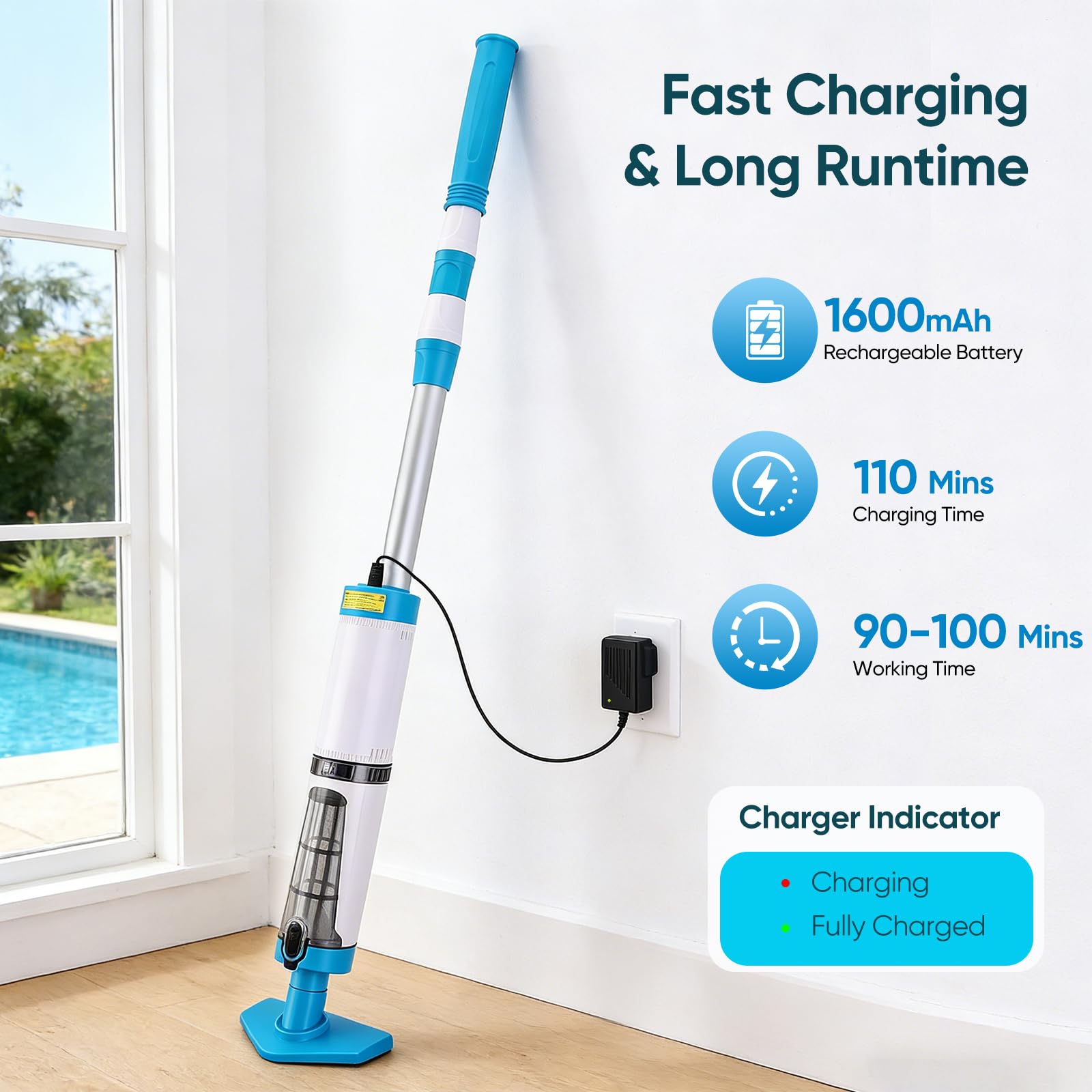 Aspirateur Piscine, 3 en 1 Aspirateur Spa Rechargeable avec Aspiration Puissante, Manche Télescopique de 103.5 à 162.5 cm, Capteur Automatique, 3 Têtes de Brosse pour Spas, Jacuzzis et Piscines