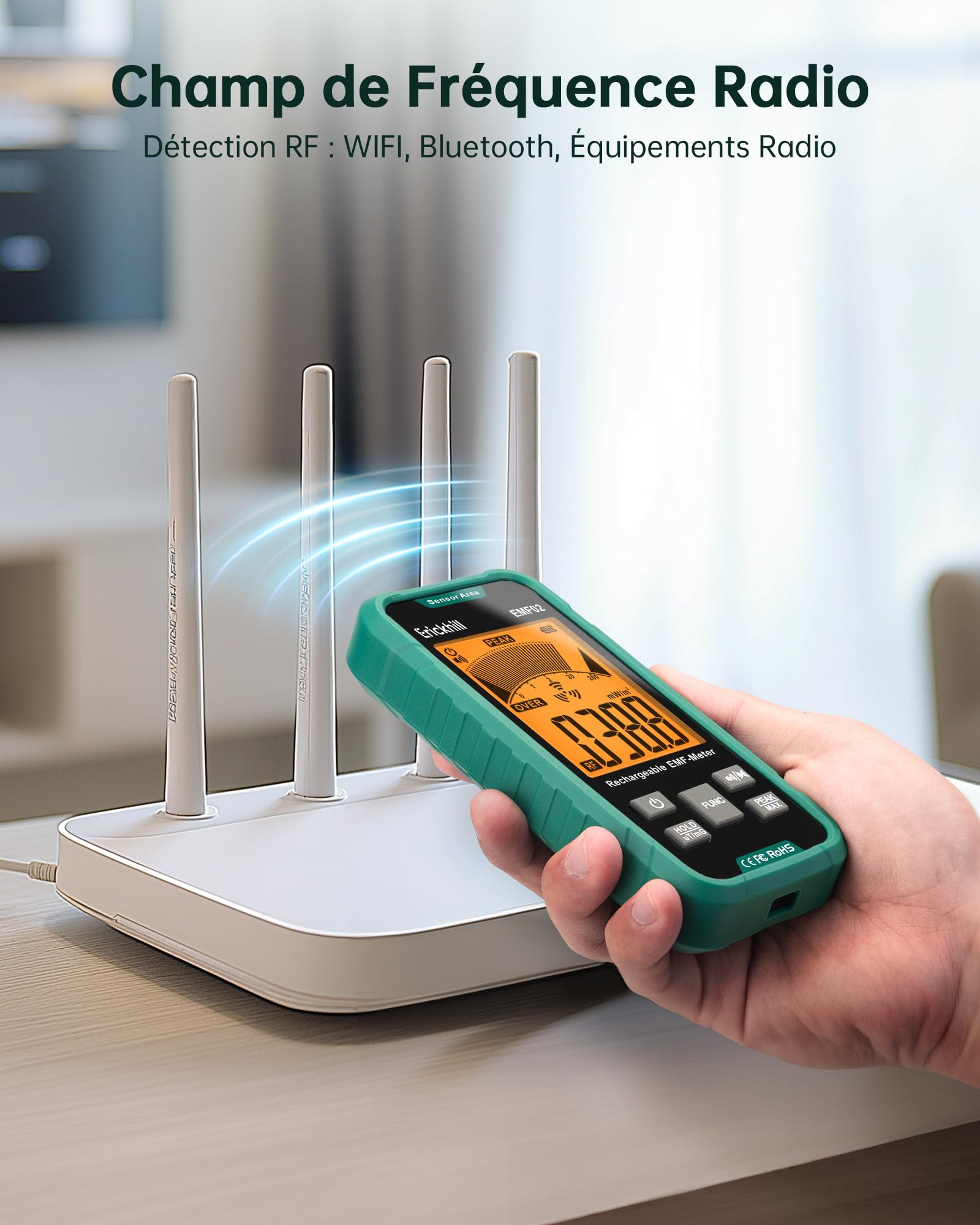 ERICKHILL EMF Détecteur 3-en-1, Testeur de Champ Électromagnétique Portable–RF/EF/MF&WiFi, avec Alarme 3 Couleurs, Batterie Rechargeable, pour Maison, Bureau et Chasse Fantôme