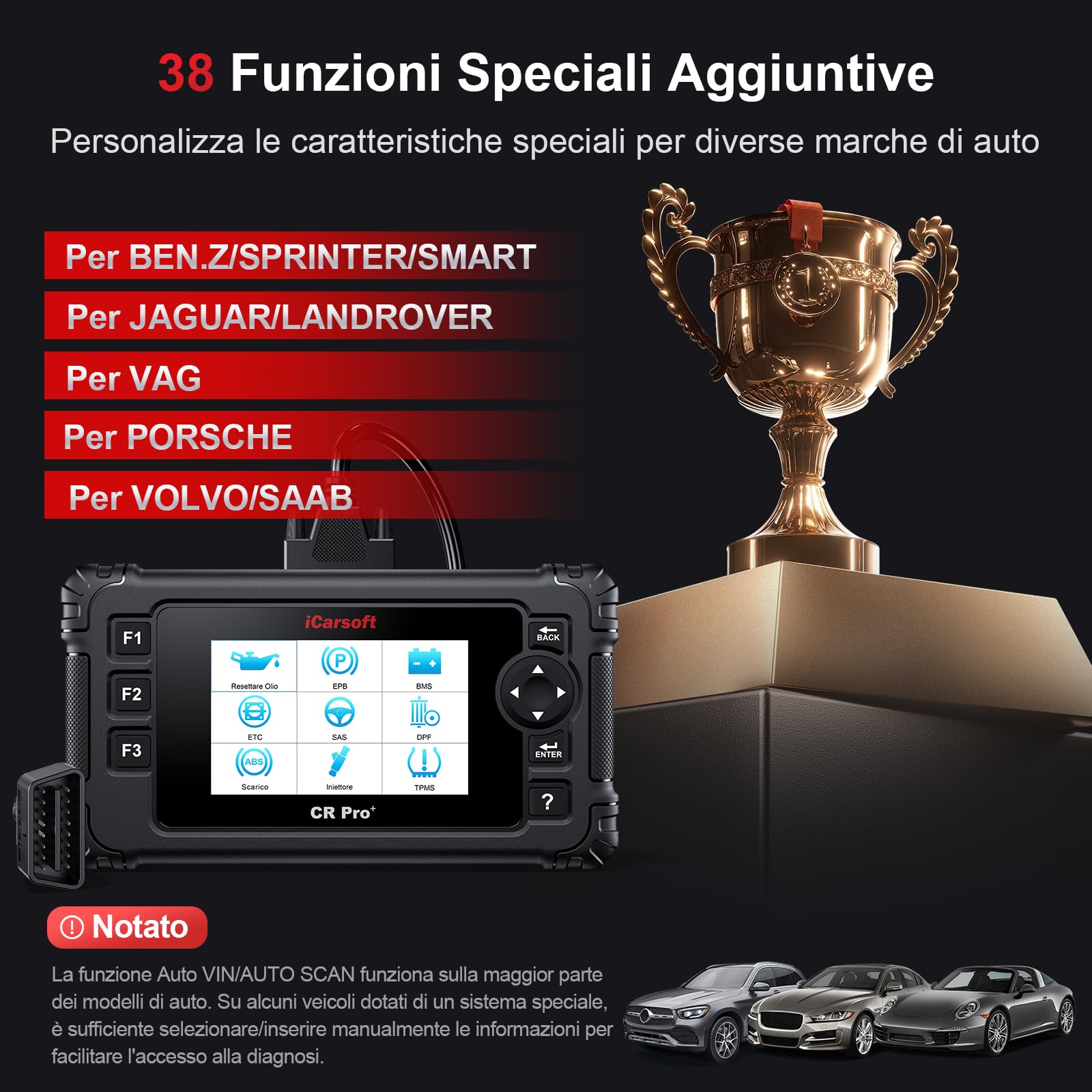 iCarsoft CR Pro+ OBD2 Auto Diagnostica, Diagnosi Auto Professionale in Italiano per Tutti i Sistemi, 49 Funzioni di Ripristino, Scansione Bidirezionale, Test della Batteria, Aggiornamento a Vita