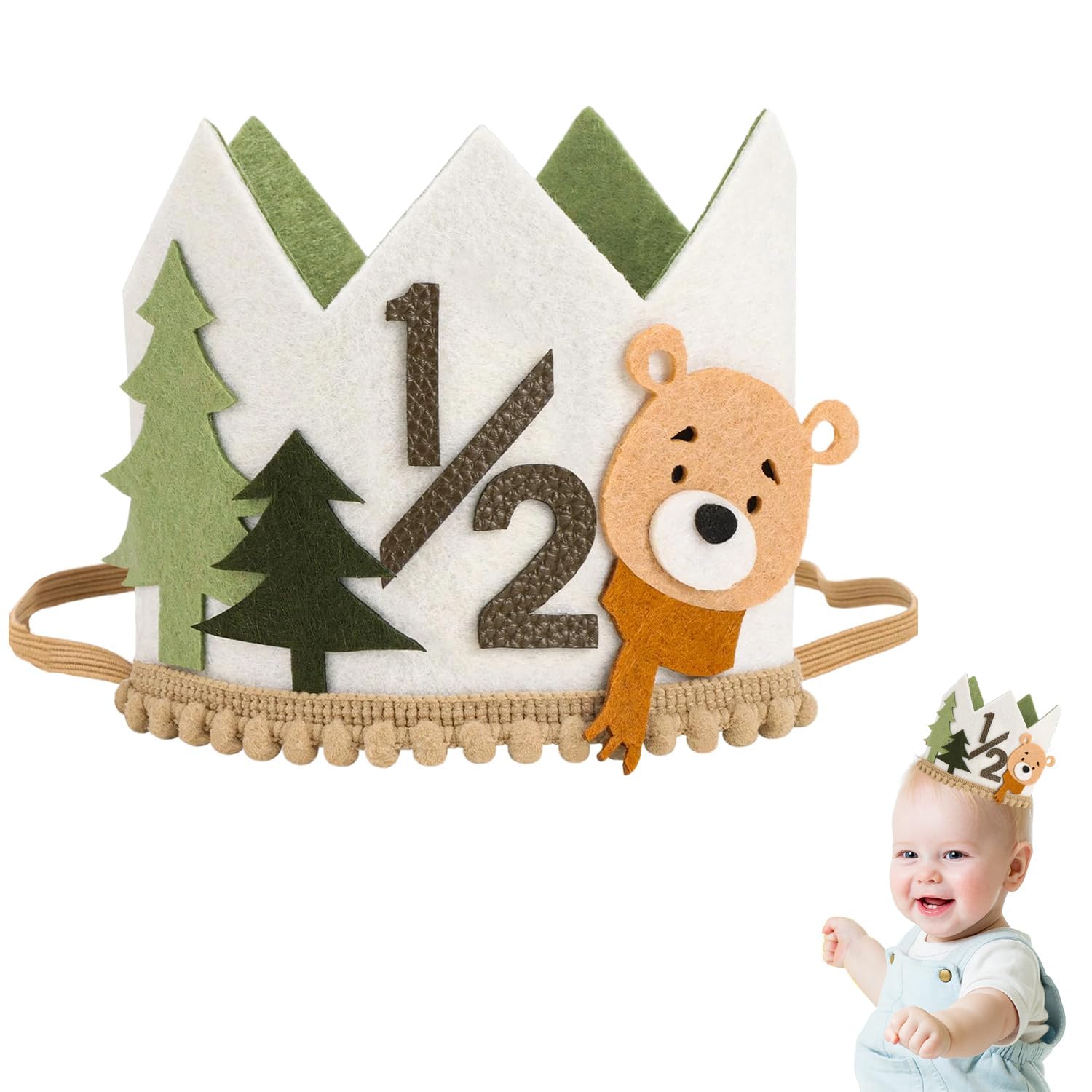 Xheanxu 1/2 Birthday Hat,6 Month Birthday Hat, Half Birthday Crown with Bear Embroidery, Half Birthday Decorations for 6 Months Birthdays Boy, Halfway to One Baby Boy, 1/2 Birthdays Party Hat