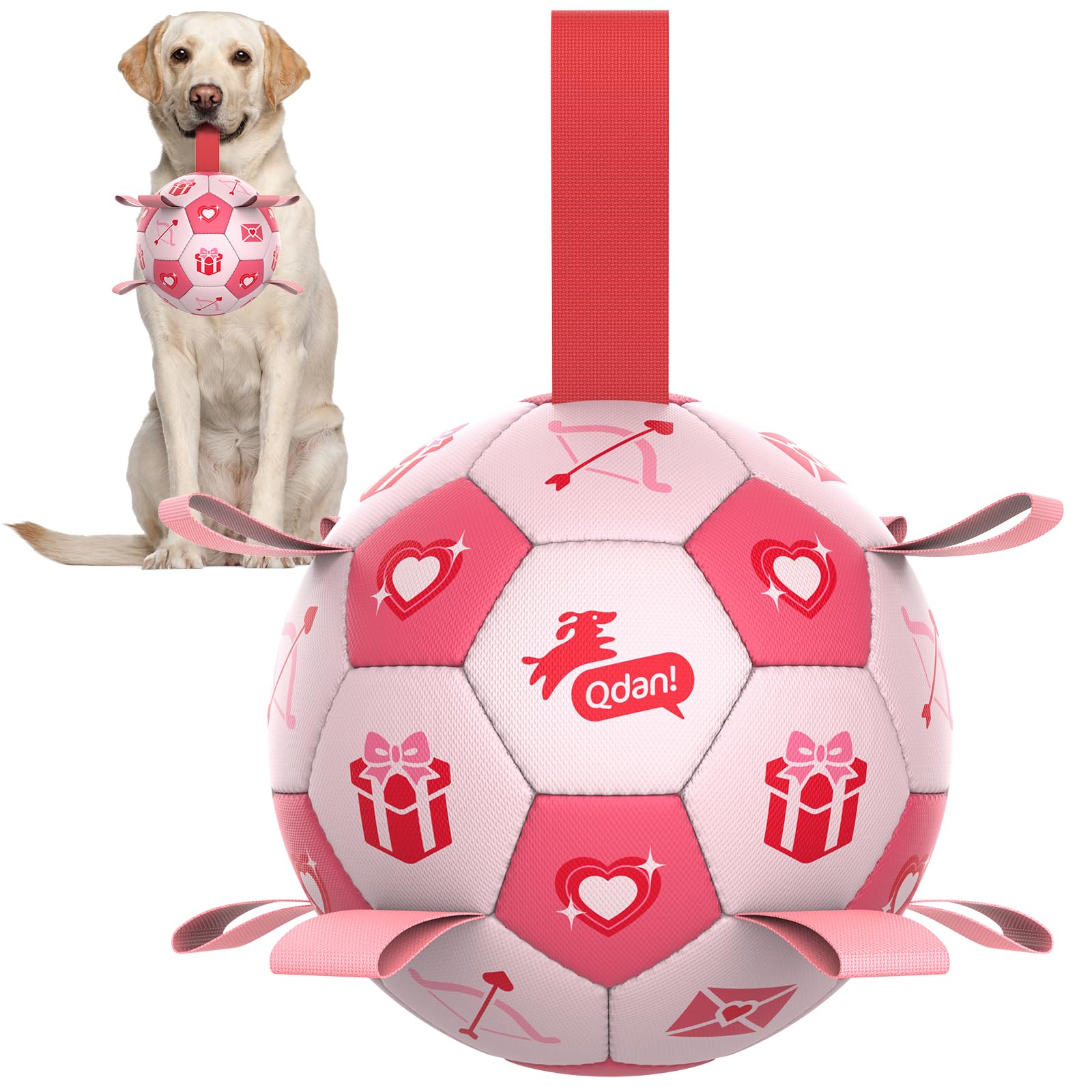 QDAN Dog Birthday Toys, Pink Soccer Ball with Straps, Interactive Tug of War Toy, Puppy Birthday Gifts, Water Toy, Durable Dog Balls for Medium Large (8 Inch)