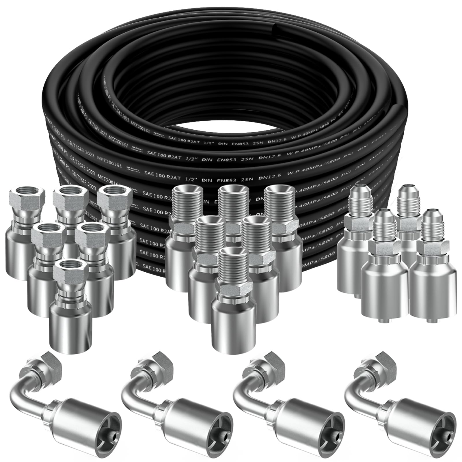 100Ft 1/2 Hydraulic Hose with 20Pcs 1/2" NPTF Male &amp; 1/2inch JIC 37° Female &amp; Male &amp; Female 90° Elbow Hydraulic Hose Fittings W.P.40MPa / 5800PSI