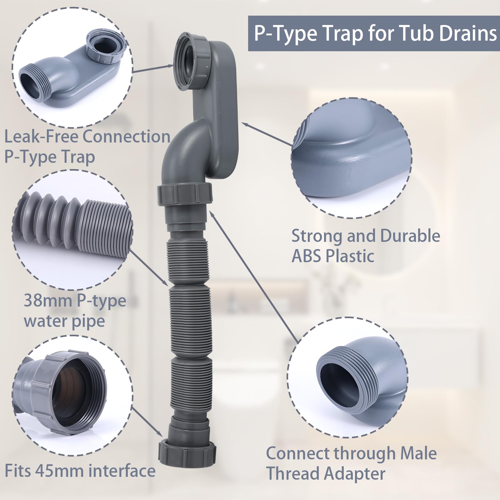 Flexible 1 1/2 P-Trap, Freestanding Tub Drain Flat Flexible P-Trap 1-1/2 Shower Drain Interface 1.7in for Bathtub Shower Bathroom - Image 3