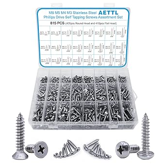 Self Drilling Screws, AETTL 815pcs Wood Screws Assortment Kit, Stainless Steel Assorted Self Tapping Screws Set Truss Flat Pan Head Phillips Drive Drilling for Deck Drywall Concrete Sheet Metal
