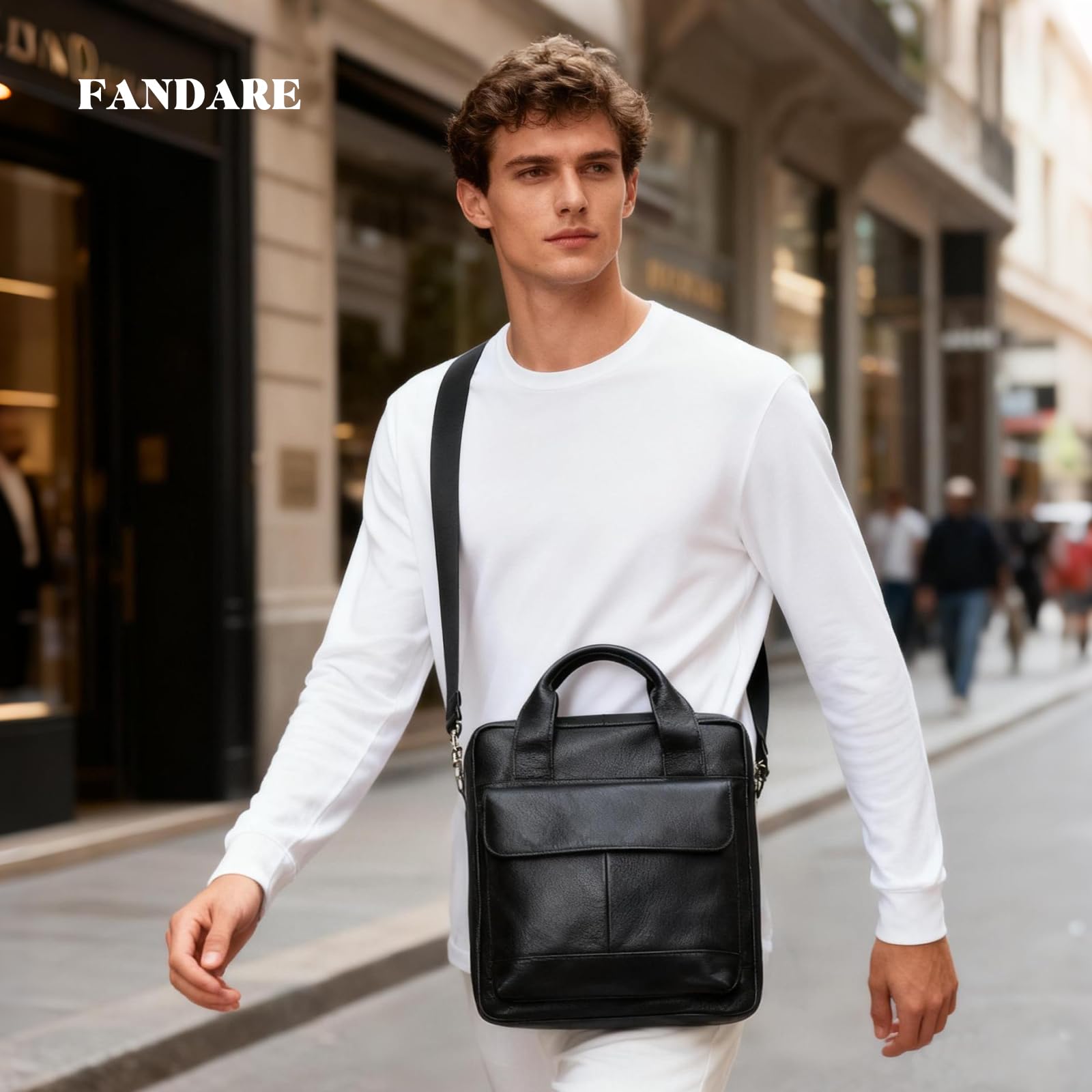 FANDARE Skórzana męska torba crossbody biznesowa torba listonoszka na ramię mała teczka torby boczne wiele kieszeni tornister torby na niezbędne rzeczy do pracy, podróży, codzienne dojazdy do pracy