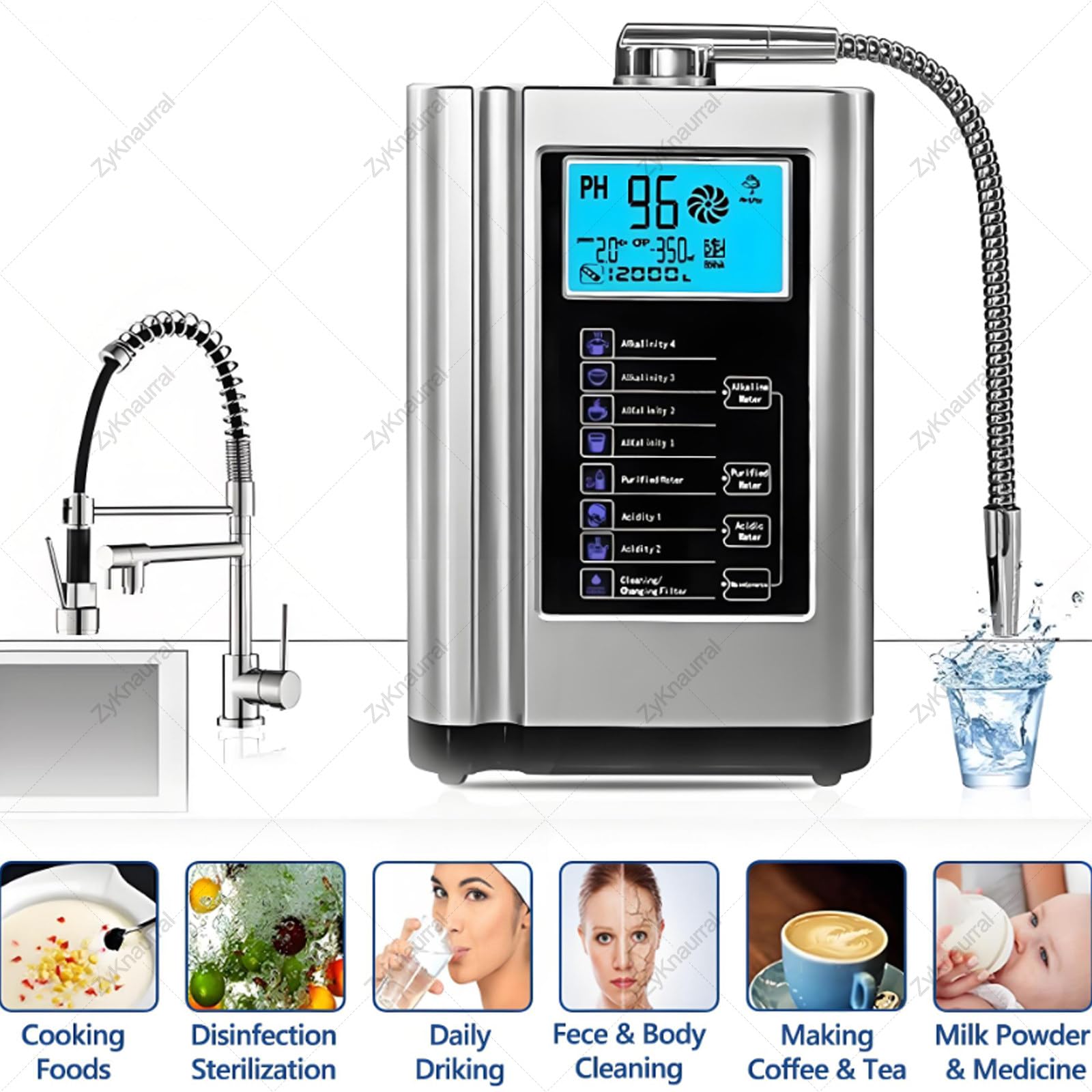 Ionizador De Agua Alcalina con 7 Configuraciones, hasta -500 Mv Orp, Ph 3.5-10.5, Máquina Purificadora De Agua, Filtración De Agua para El Hogar, Limpieza Automática White