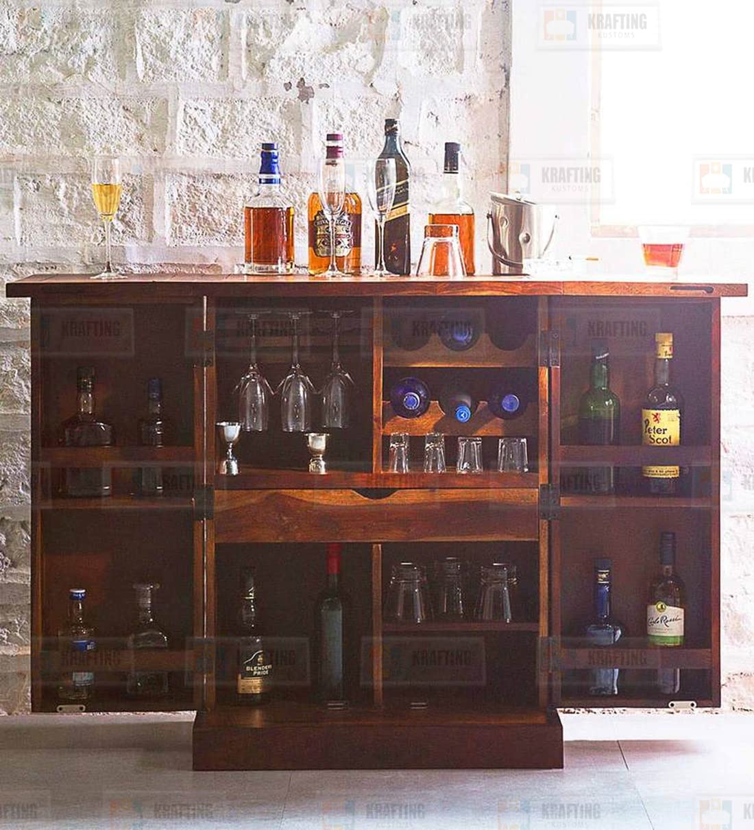 KD FURNITURES Bar Cabinet for Home and Living Room - Wood Bar Furniture With Storage, Wine Rack, and Drawer - Honey Finish