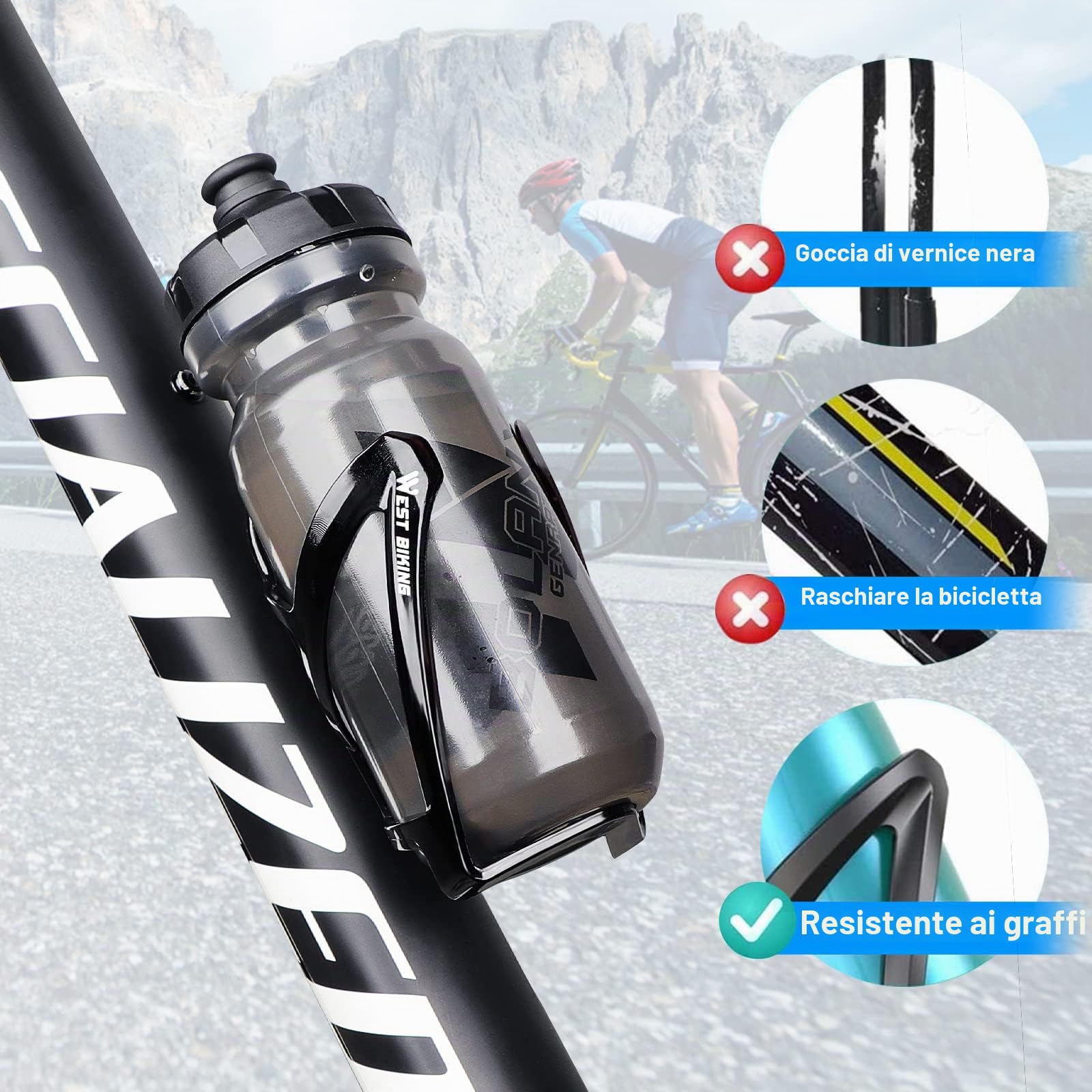 Portabottiglie da bicicletta, versione migliorata, infrangibile, leggero, per mountain bike, bici da corsa, mountain bike (Nero)