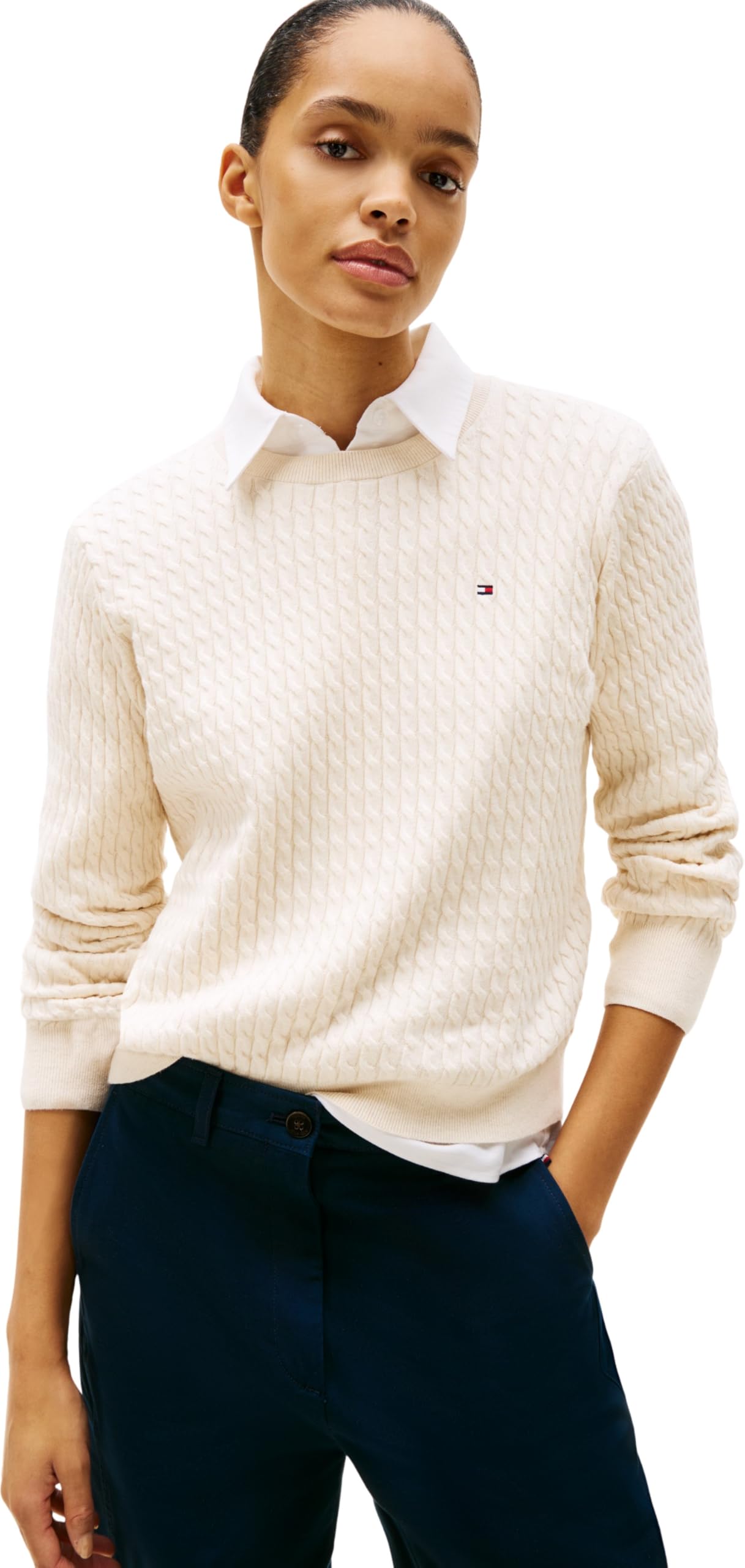 Tommy Hilfiger Women’s Fine Cable Knit Jumper, Beige (Heather Ivory Petal), XXS