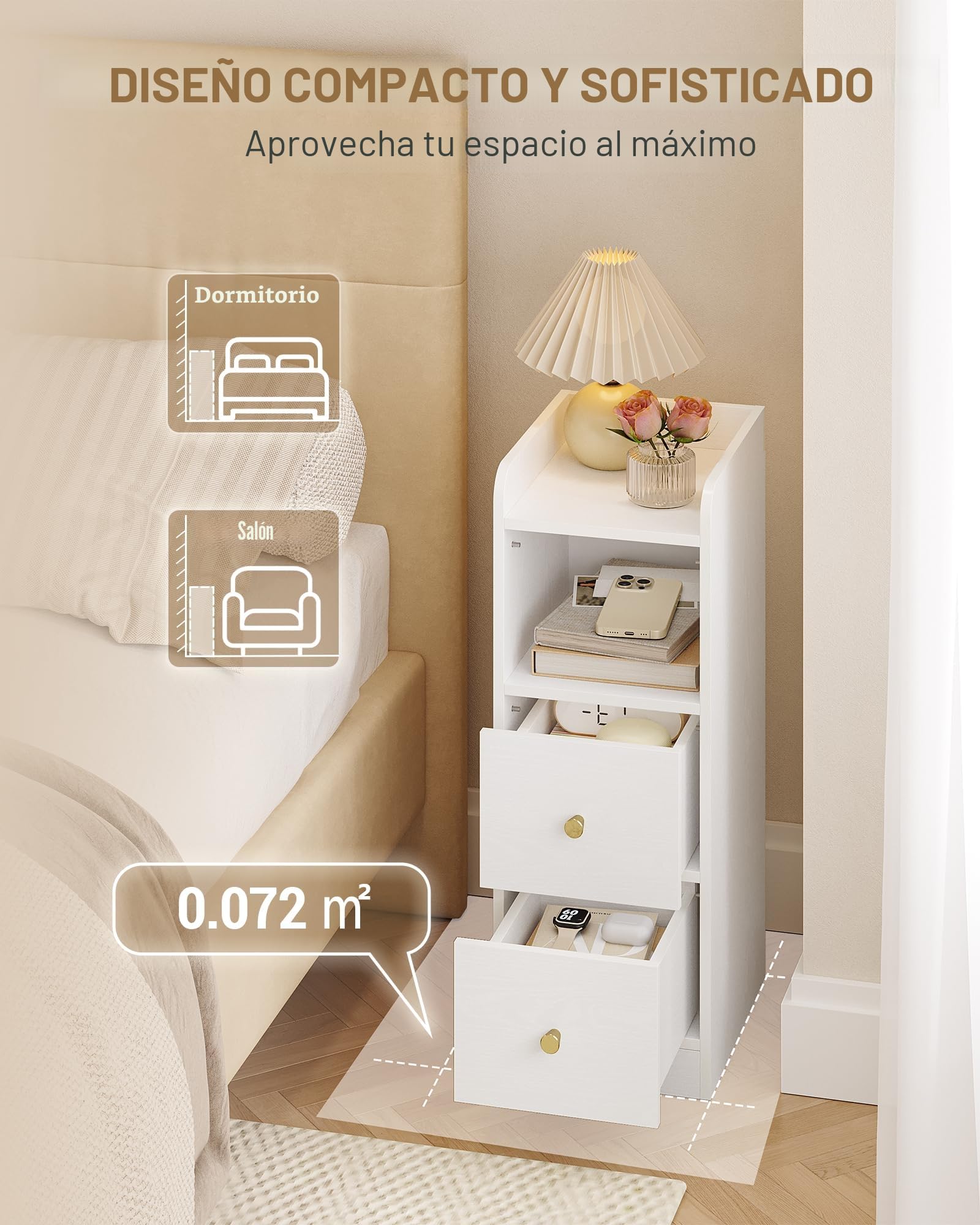 Hzuaneri Mesilla de Noche, Mesas Auxiliares con 2 Cajones, Protector Superior, para Espacios reducidos, para Dormitorio, Salón, 30 x 24 x 65 cm, Blanca con Grano de Madera NS62113X
