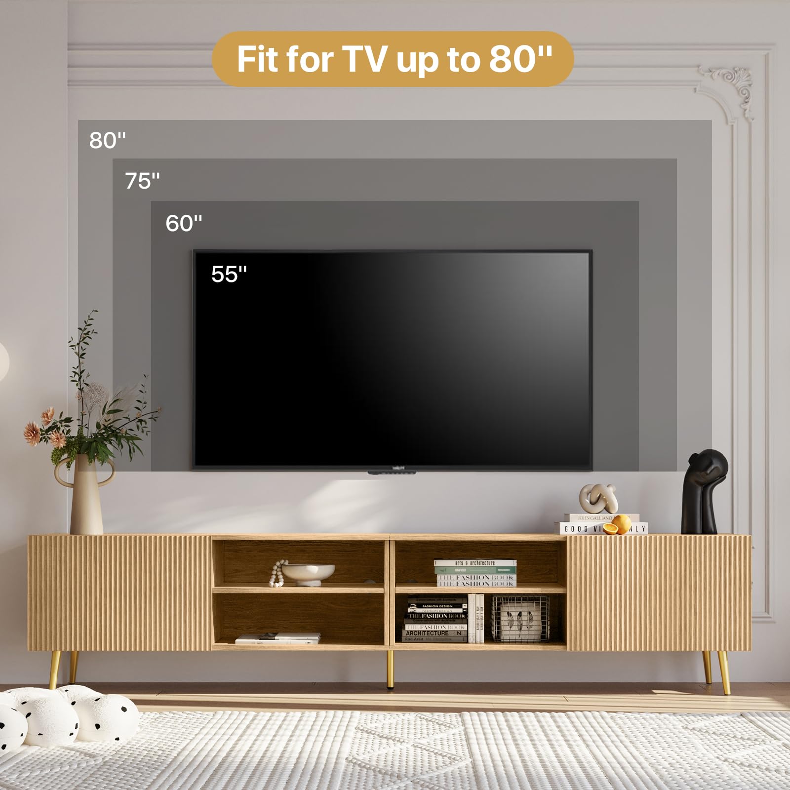 Modern 86in TV Stand for Living Room, Fluted Design Entertainment Center with Adjustable Shelves,Media TV Console Table with Storage for Bedroom,Nature