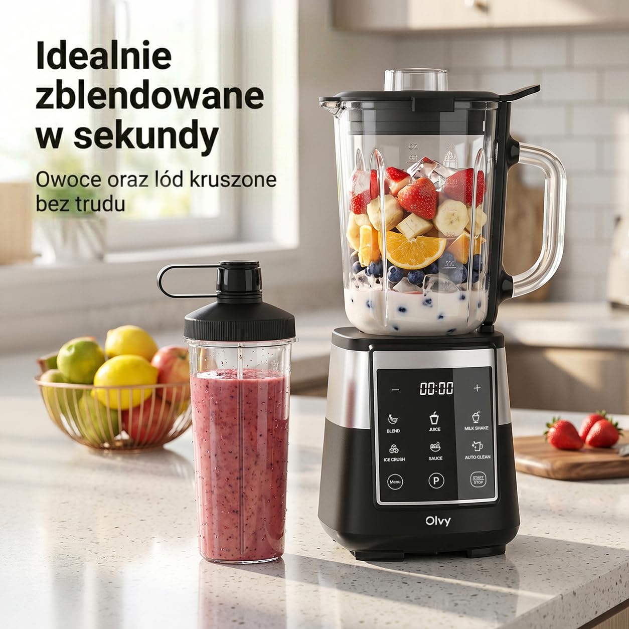 Olvy Blender Smoothie Maker 1500ml Szklany To-Go Timer LED 6 Noży-Black