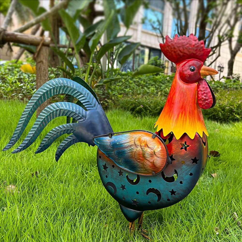 HONGLAND Metal Rooster Yard Decor,18" Solar Chicken Garden Statues Outdoor,Farm Animals Lawn Decorative Ornaments Outside for Home Patio Backyard Landscape