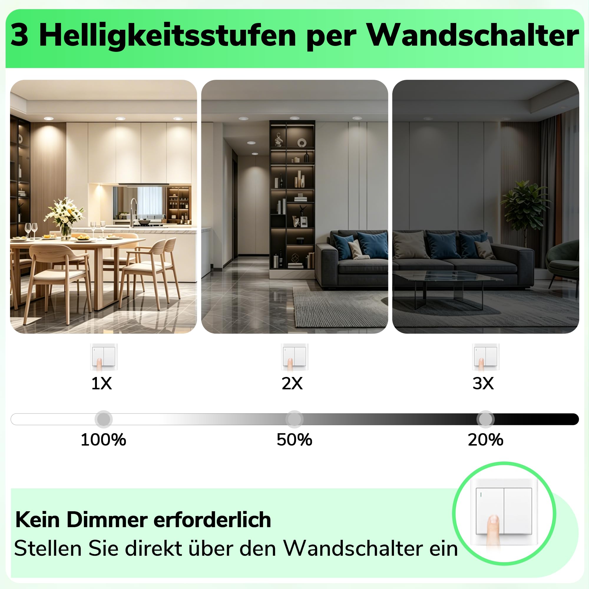 LED Einbaustrahler 230V Dimmbar 3 Stufen 45°Schwenkbar LED Spots, 10er Set | 6W 3CCT 3000K/4000K/6000K, Laiebri IP44 Einbauleuchten Deckenspots für Badezimmer Küche Wohnzimmer, Ø65–80mm Lochmaß