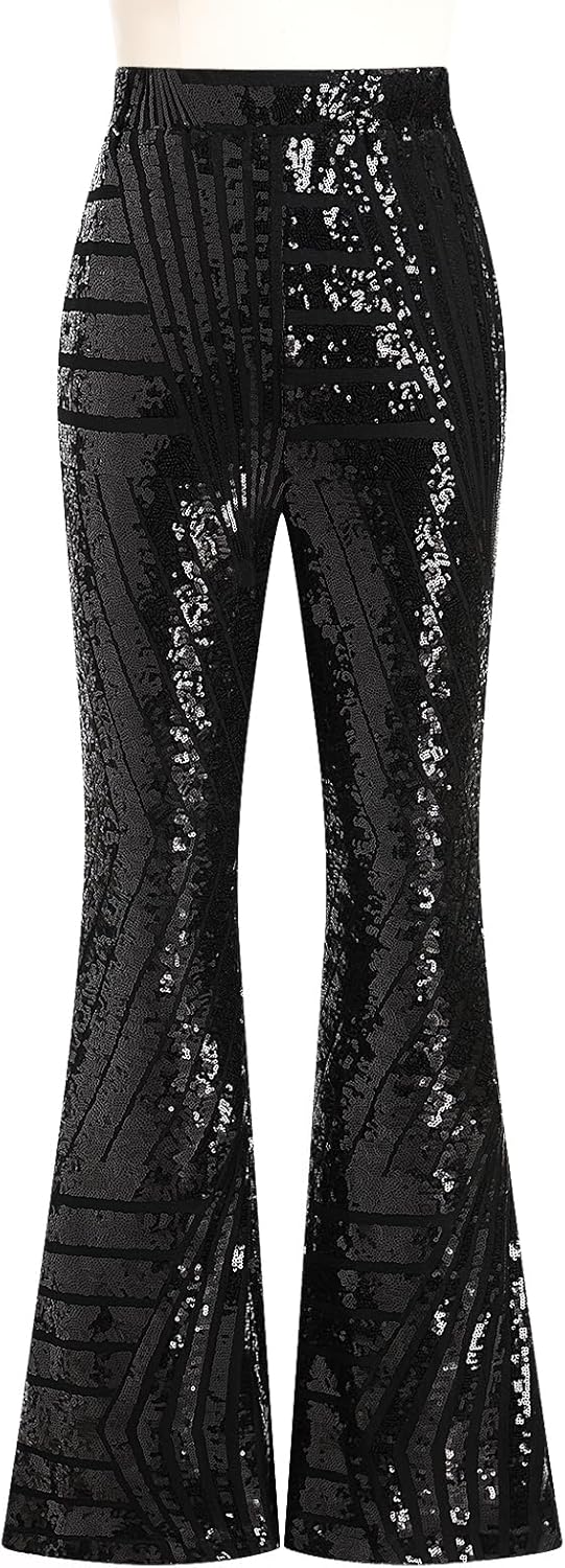ODIZLI Womens Bell Bottom Sparkle Sequin Flare Pants Elastic High Waisted Bling Glitter Dance Pants - Image 2