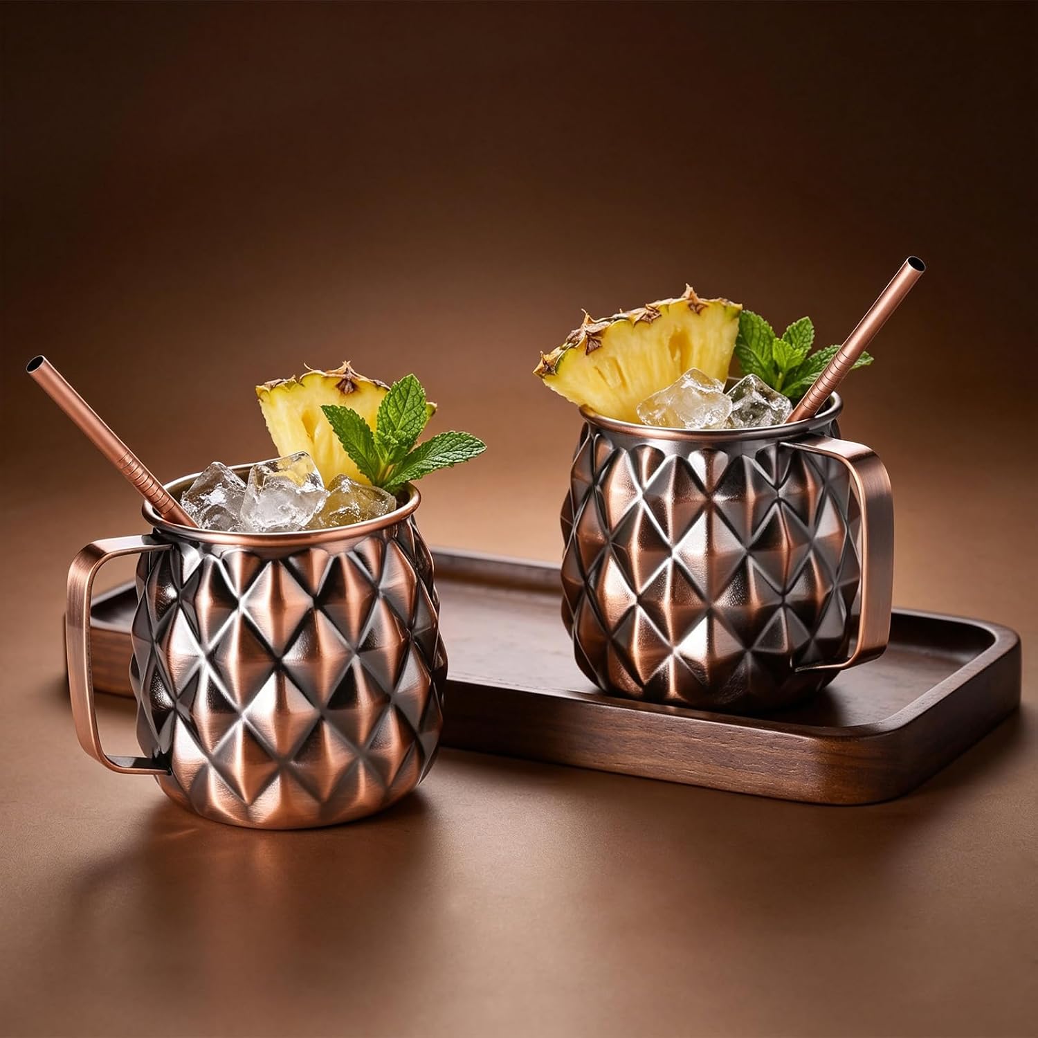 Vintage Moscow Mule mug Classic Cocktail Drinkware Designed For Cocktails Premium 304 Stainless Steel Capacity 28 oz Unique Pineapple Design 10 Piece Cocktail Set Ideal for Home/Outdoor Drinks