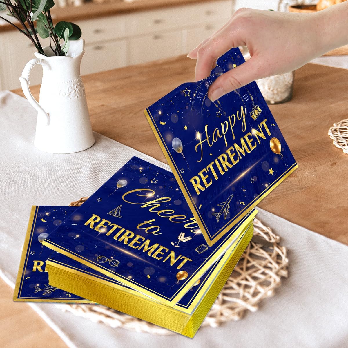 Happy Retirement Napkins 40Pcs-Retirement Party Decorations Blue Gold Napkins Disposable Folded Cocktail Napkins Supplies for Men Women