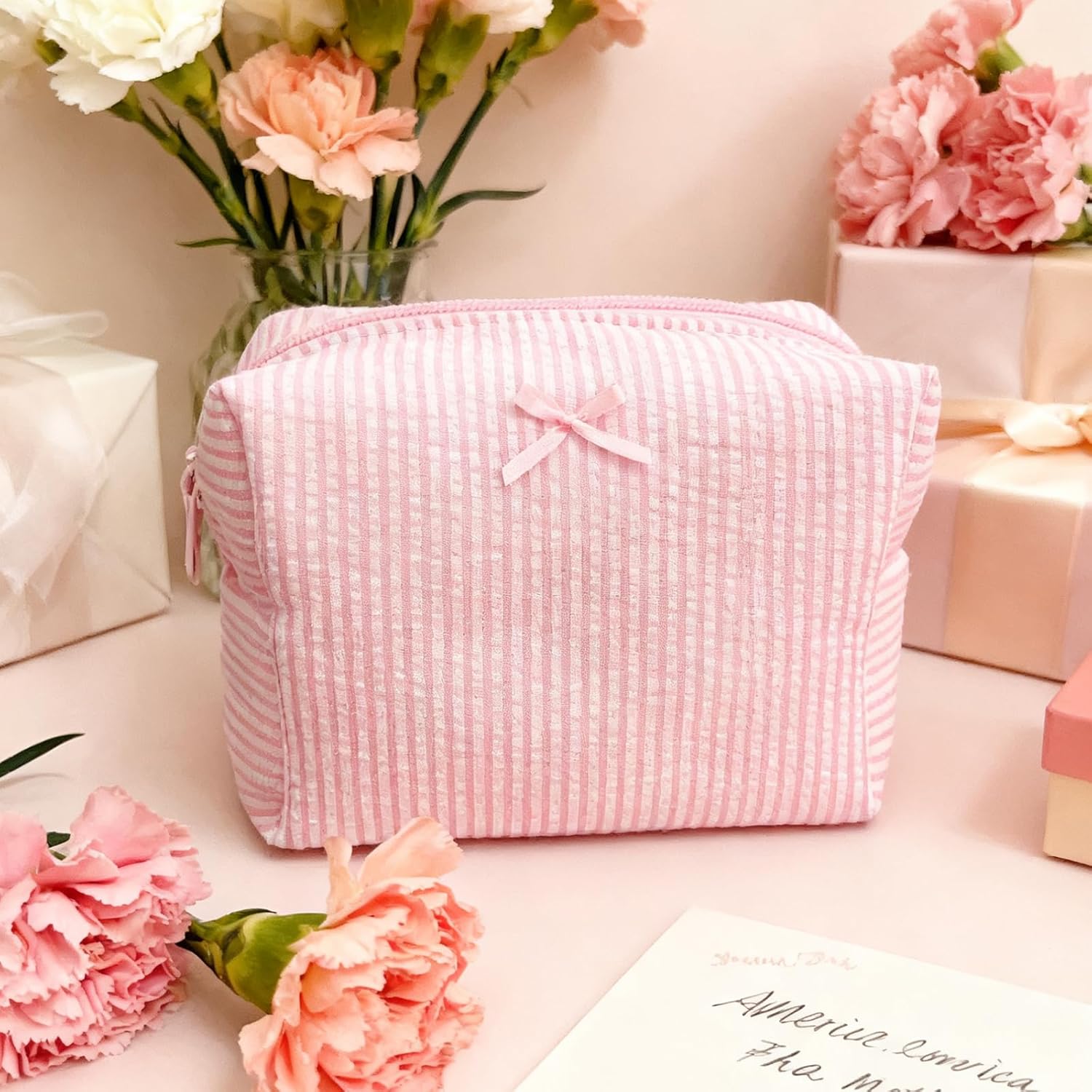 10 Pcs Cotton Quilted Makeup Bags Bulk-Easter Basket Gifts Bulk Bow Stripe Cosmetic Bags Coquette Aesthetic Makeup Pouch with Zipper Travel Portable Bag Preppy Gifts for Women (Blue 5pcs+Pink 5pcs)