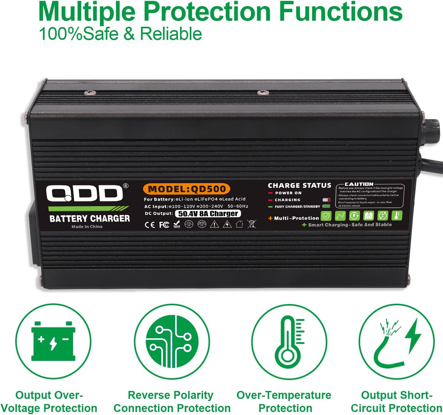 QDD Cargador de litio de 50,4 V 8 A con sistema de refrigeración para batería de litio 12S 44,4 V DC XT60 conector macho