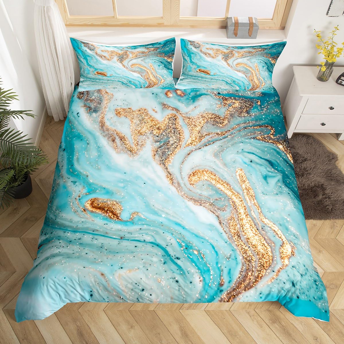 Marbling Duvet Cover Set Double Mint Gold Glitter Turquoise Comforter Cover Chic Girly Marble Bedding Set 3pcs for Kids Girls Room Decor Abstract Stone Texture Bedspread with 2 Pillowcases