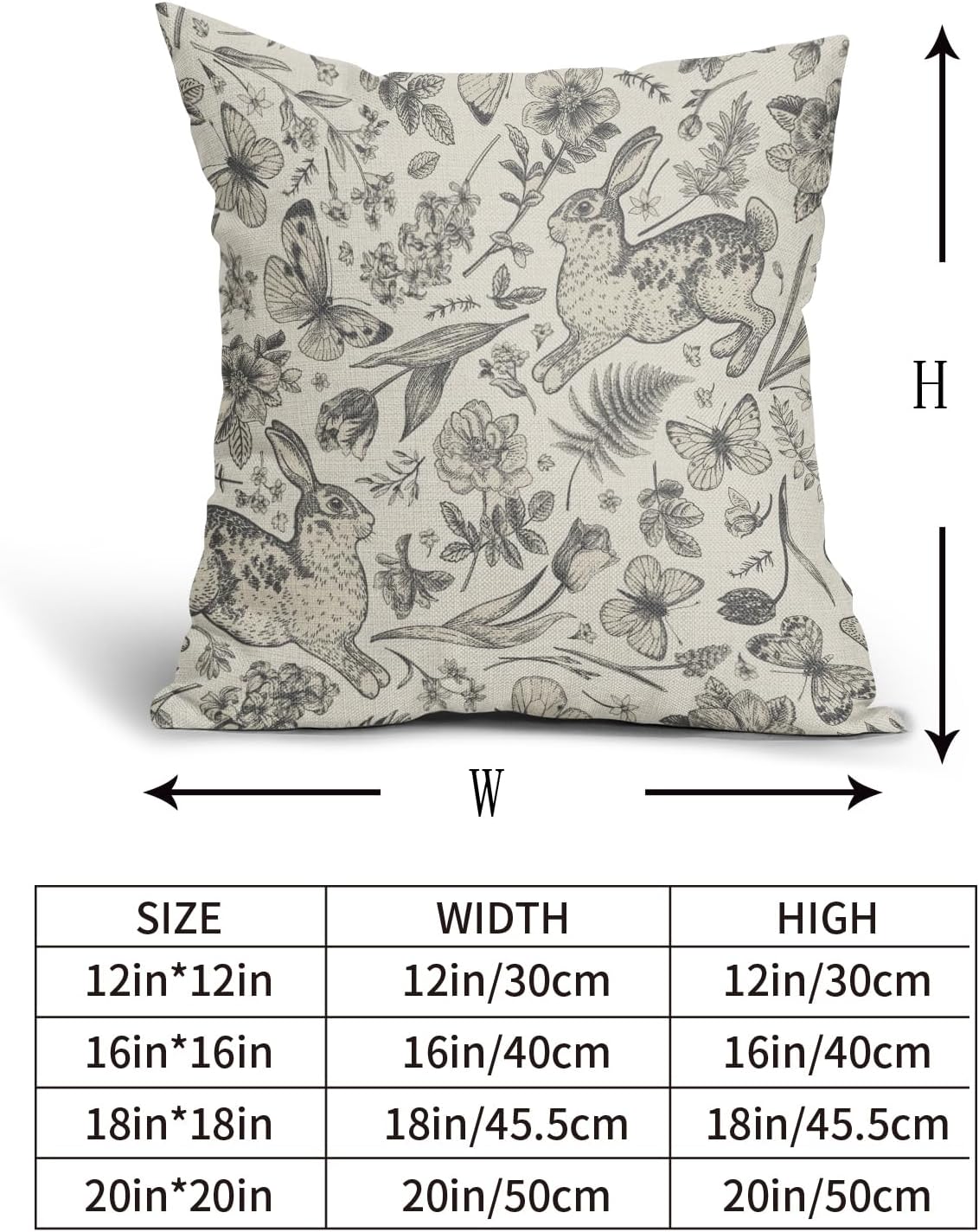 Spring Easter Grey Gray Pillow Covers 24x24 Inch Set of 2 Rabbit Bunny Floral Leaf Butterfly Botanical Plants Print Decorative Throw Pillows Seasonal Pillow Cases Couch Bed Sofa Decor