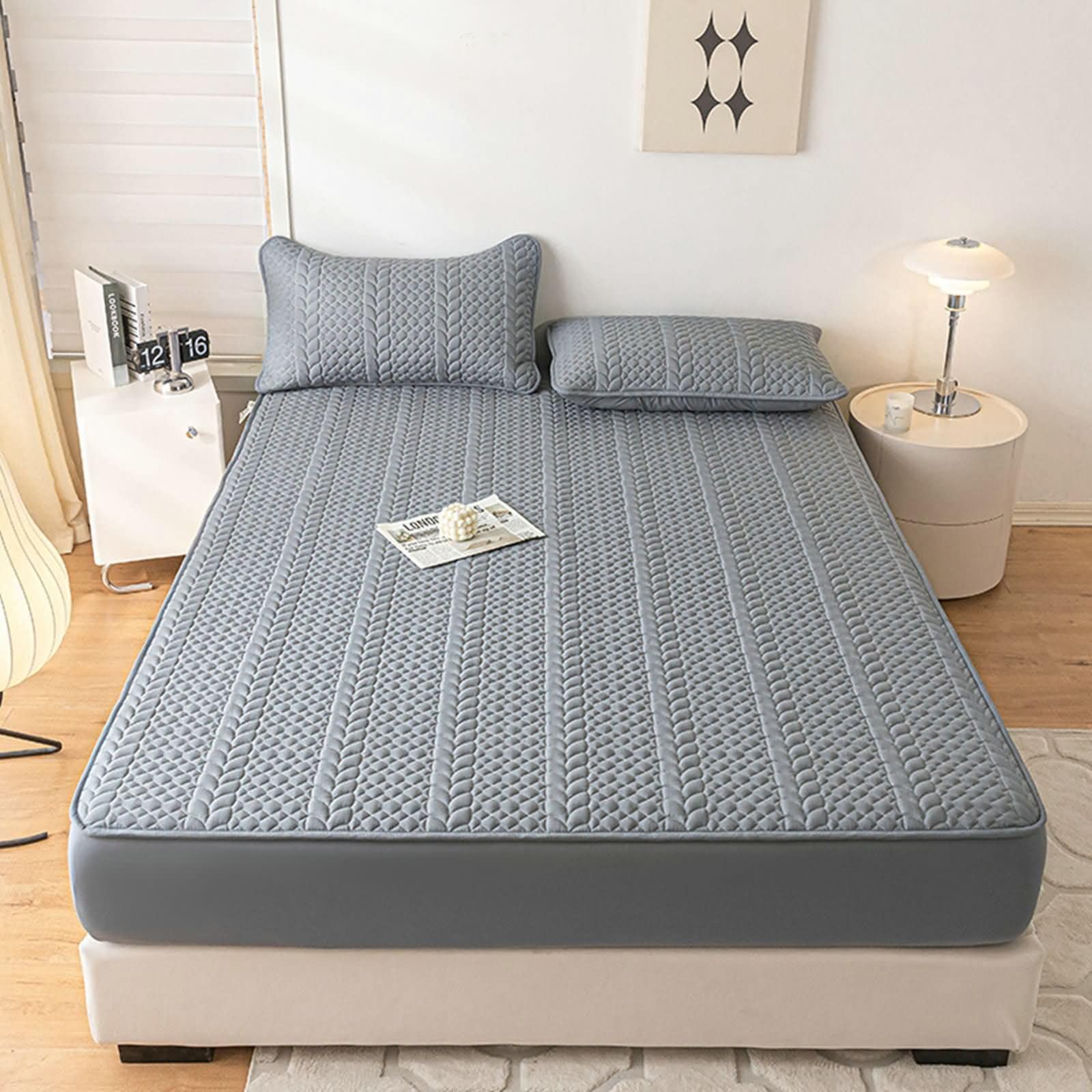 Set 2teilig Spannbettlaken Gewaschene Baumwolle, Einfarbig mit Weizen, 120 x 200 x 30 cm + 1 Kissenbezug, Spannbetttuch Dunkelgrau
