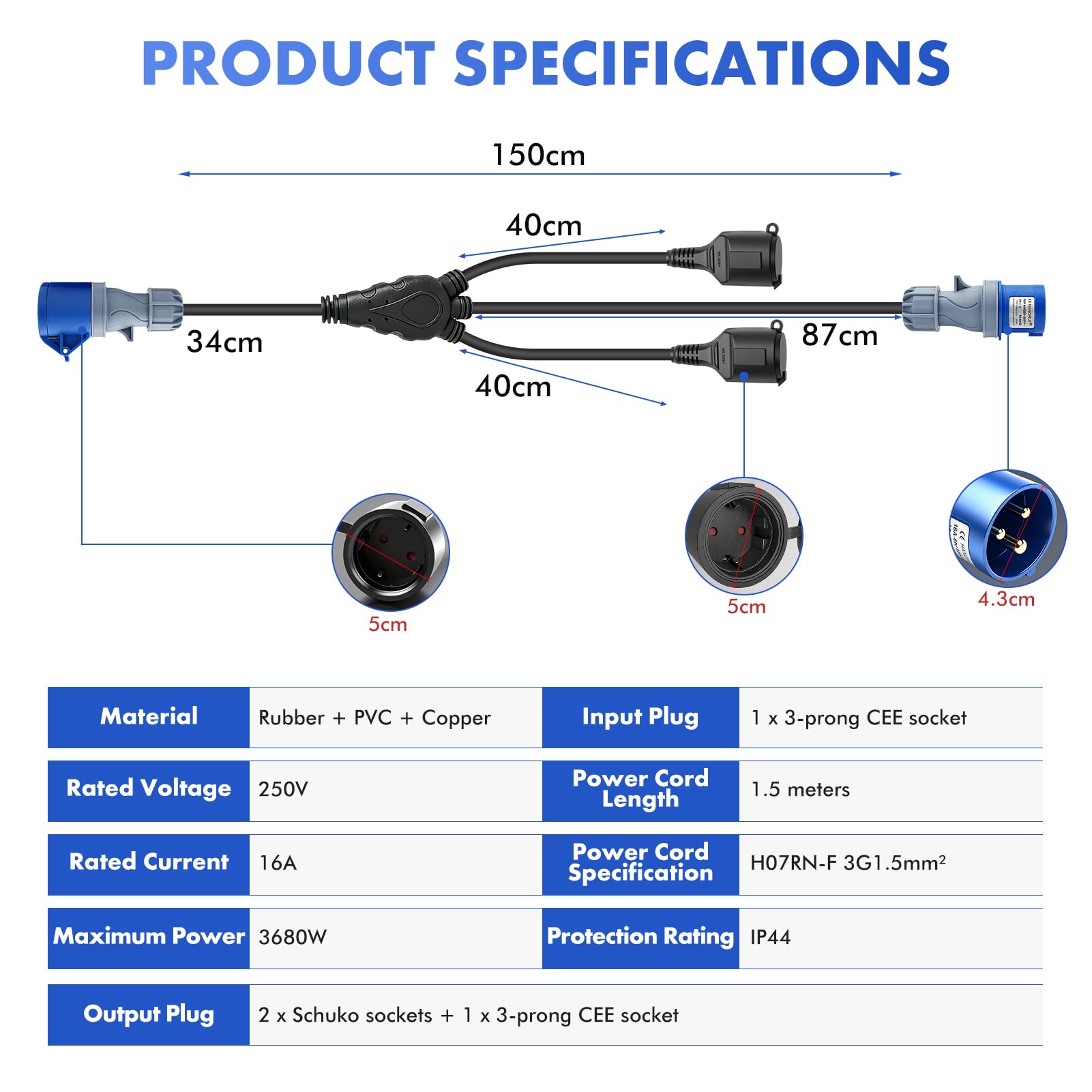 Cable Adaptador Enchufe con 2 Schuko y 1 cee 16 A, 250 V, 150cm Cable de Extensión - IP44 H07RN-F3G 1.5 mm² - Adaptador Cable de Goma Intemperie para exterior caravanas y acampadas Accesorios