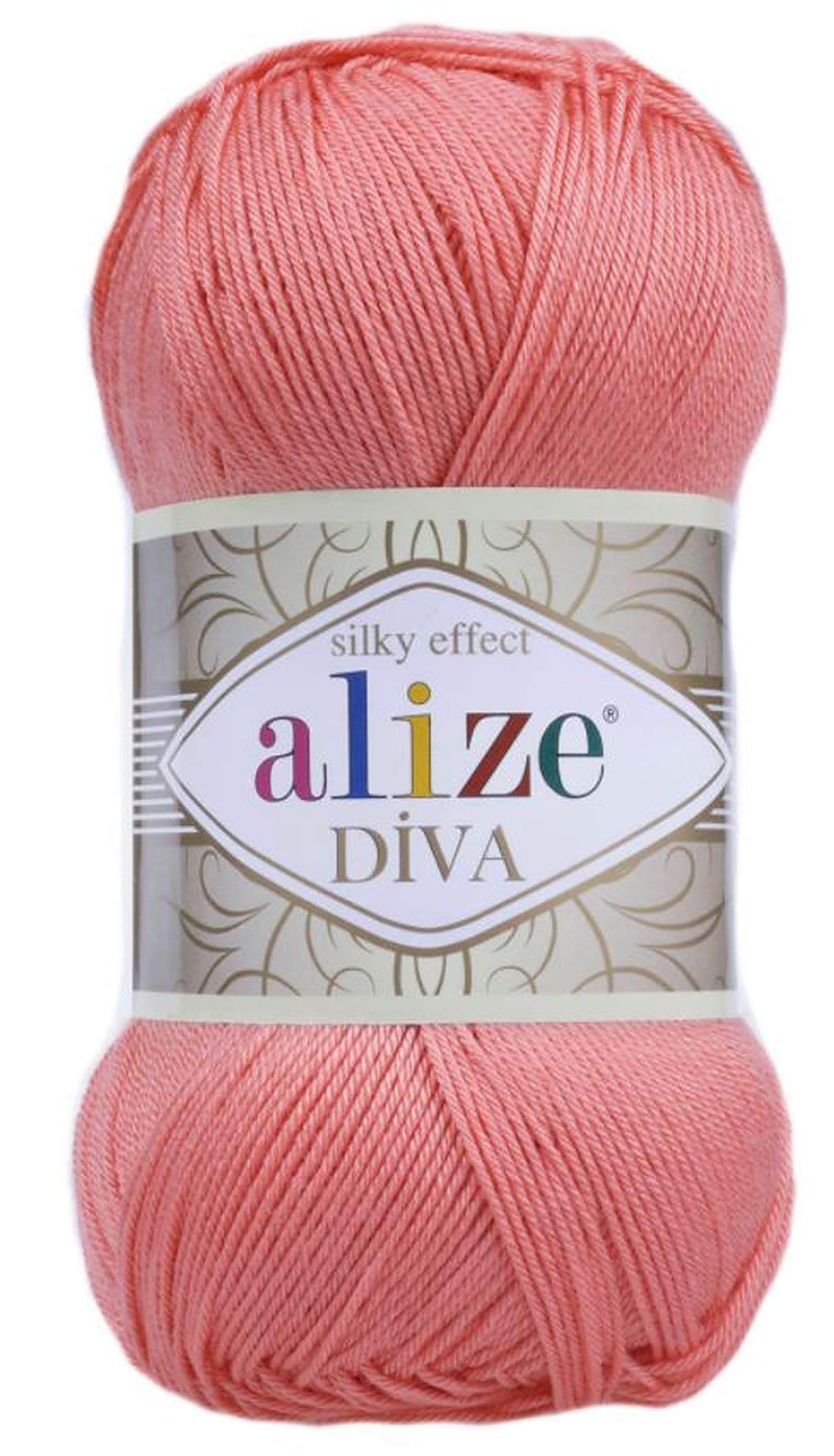 AlizeDiva Silk Effect 100% Microfiber Acrylic Sport Yarn 1 Ball skeins 100gr 383yds Color (619 - Coral)