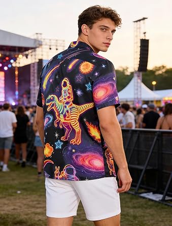 Men's Neon Print Short Sleeve Shirt - Tropical Space Hawaiian Button Down Shirt for Rave Party Festival Beach