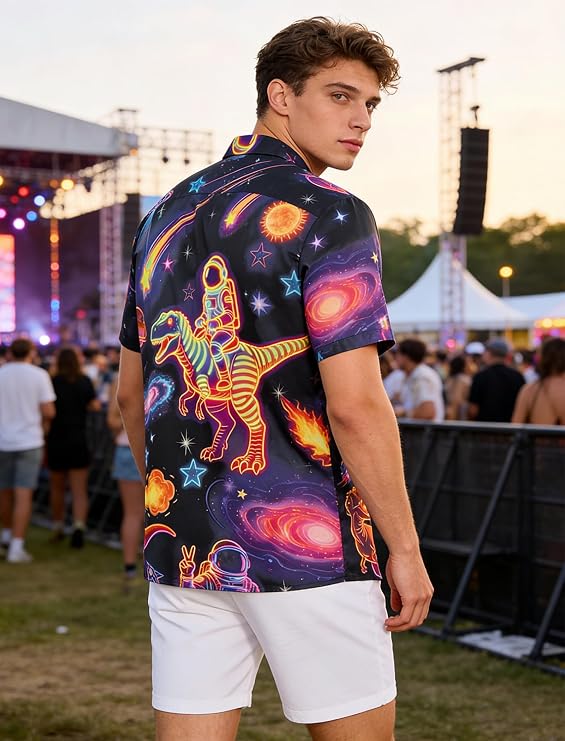Men's Neon Print Short Sleeve Shirt - Tropical Space Hawaiian Button Down Shirt for Rave Party Festival Beach