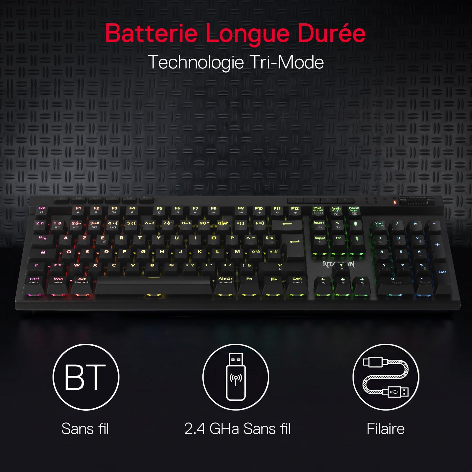 Redragon K580 Pro Clavier Mécanique sans Fil 3 Modes AZERTY RGB Hot Swap | Commandes Multimédias Dédiées Macro Embarquée Switchs Rouges Linéaires 104 Touches Anti Ghosting
