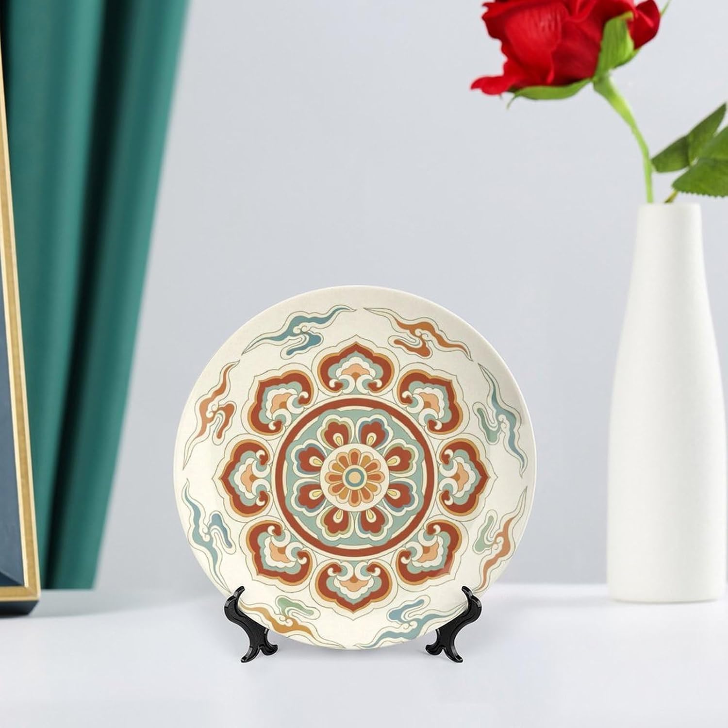 Bohemian Vintage Floral Bone China Plate, Chinese Traditional Mandala Pattern Bone China Decor Plate for Home Decor & Serving, 6inch Wall Art Home Decor
