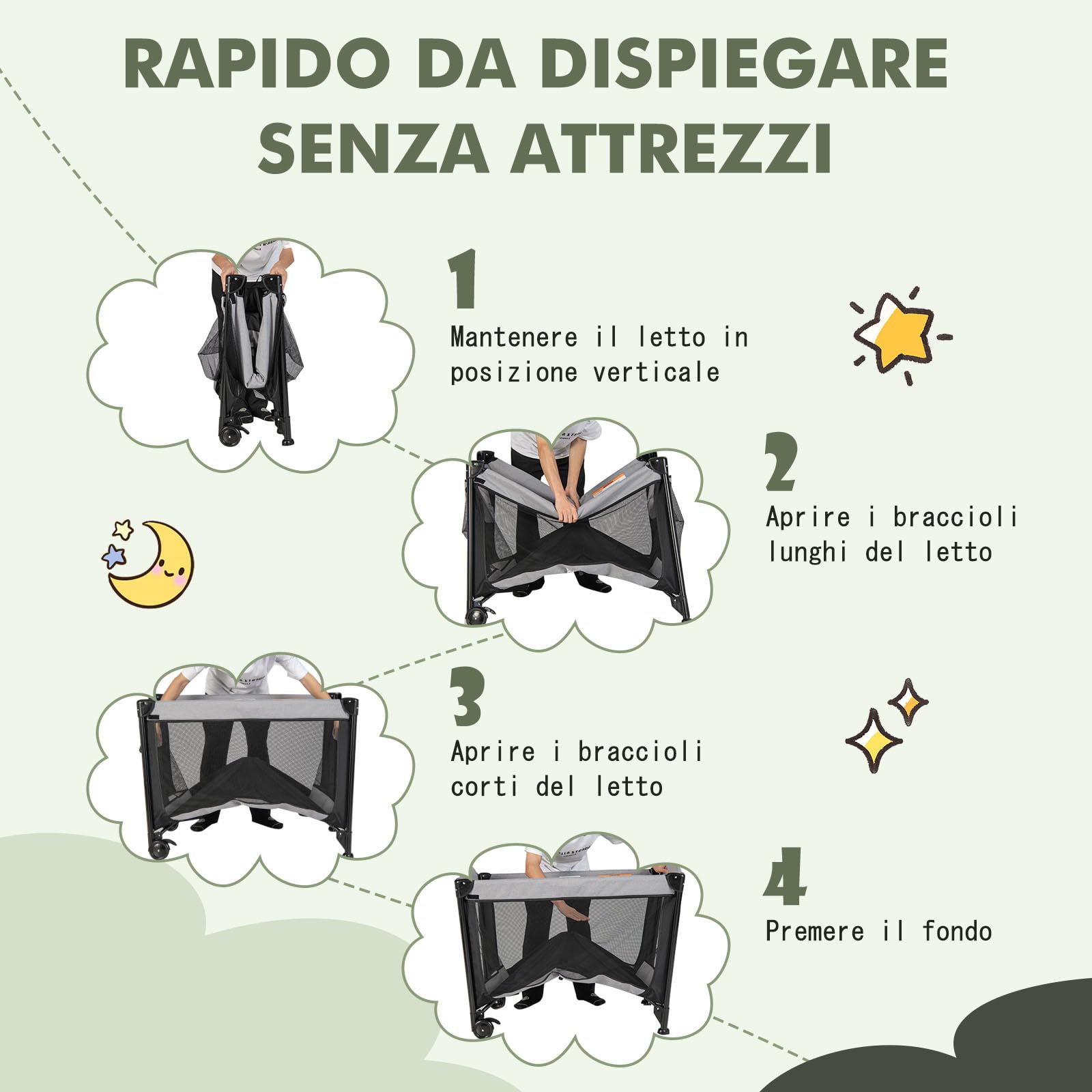 RELAX4LIFE 5-in-1 Lettino da Campeggio per Bambini, Culla Neonato Fianco Letto, Lettino Neonato con Materasso, Ruote Bloccabili e Borsa per il Trasporto, per Bambini 0-36 Mesi (Nero)