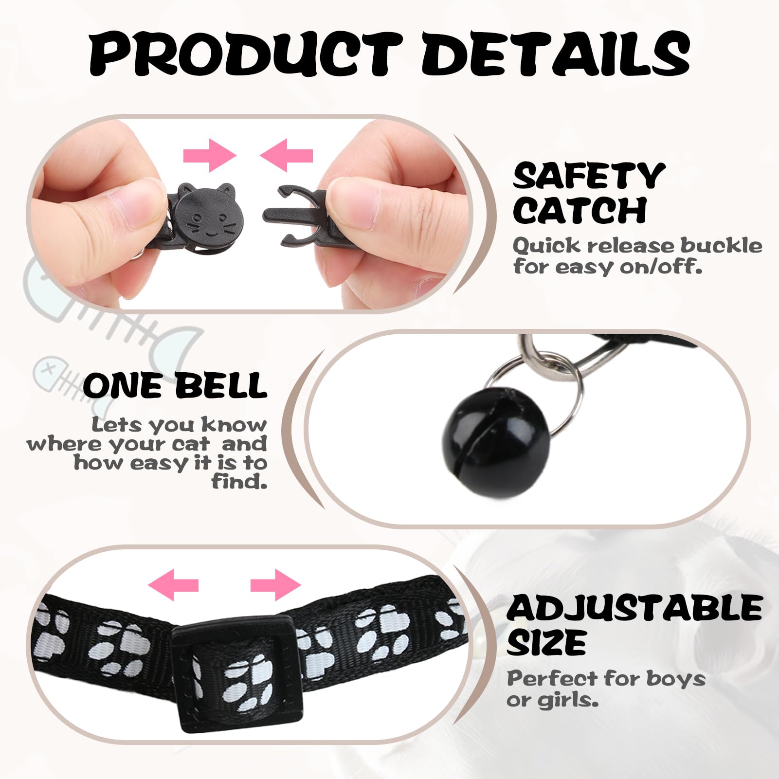 Kattenhalsband 3 Stuks – Anti-wurging Met Veiligheidsgesp, Reflecterend, Verstelbaar 19-32 Cm, Met Belletje – Zwart