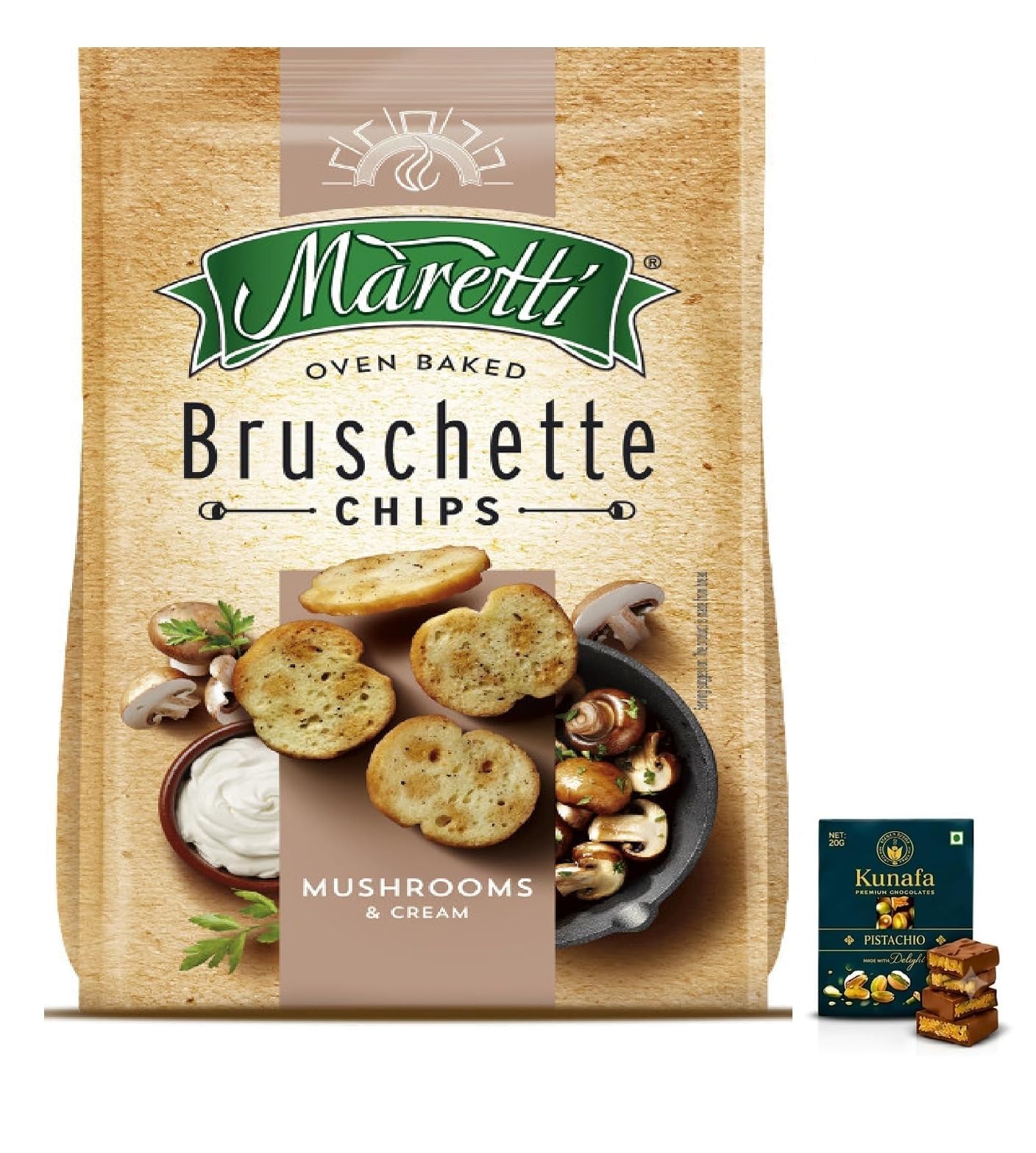 Maretti's Oven Baked Bruschette Chips, Mushrooms & Cream 70g,with Free Flavourito Kunafa Pistachio Chocolate Bar, 20g By Decadent Foods-image-35
