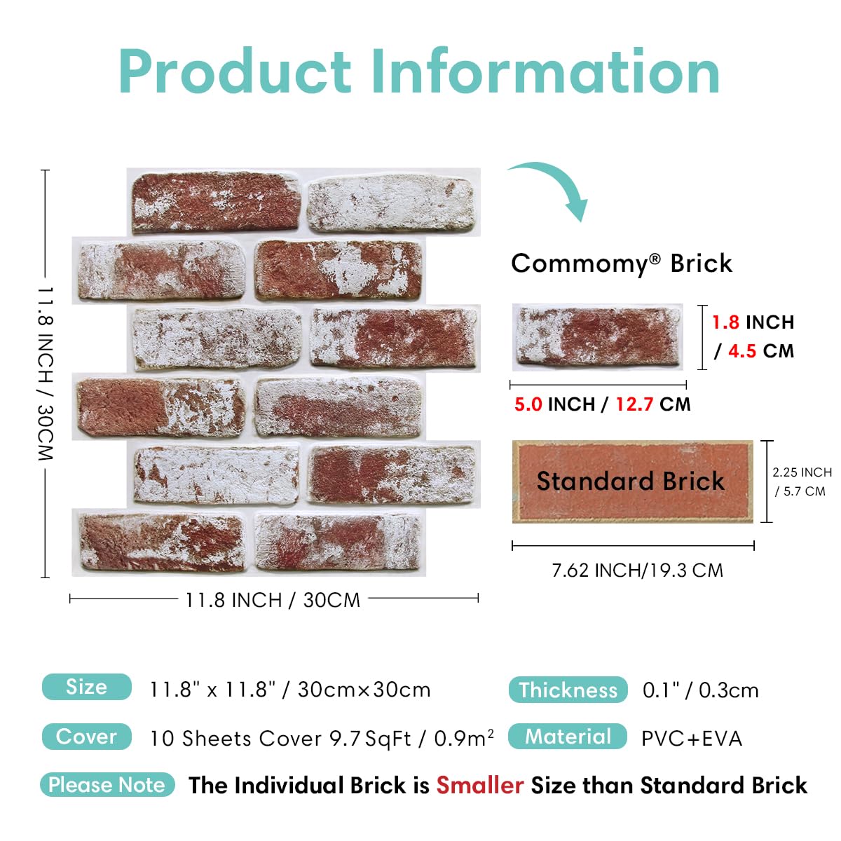 Commomy Panneaux Muraux 3D Imitation Brique, 10 Pièces, Dalle PVC Adhesive Murale Papier Peint 3D Autocollant à Effet Pierre, 30 × 30 cm, Panneau Mural Décoratif Revêtement Mural