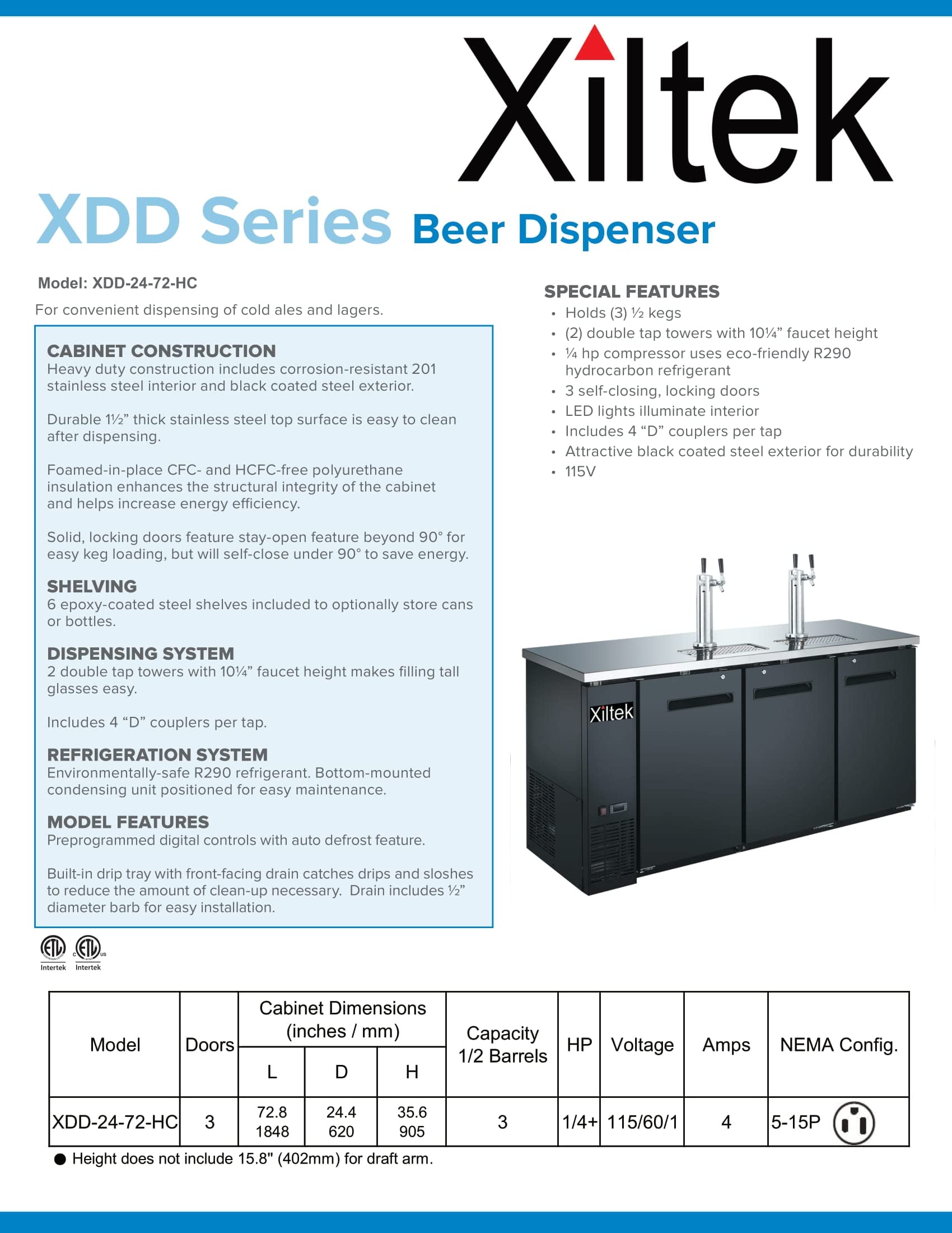 Xiltek New 72? Kegerator/Beer Dispenser with (2) Double Tap