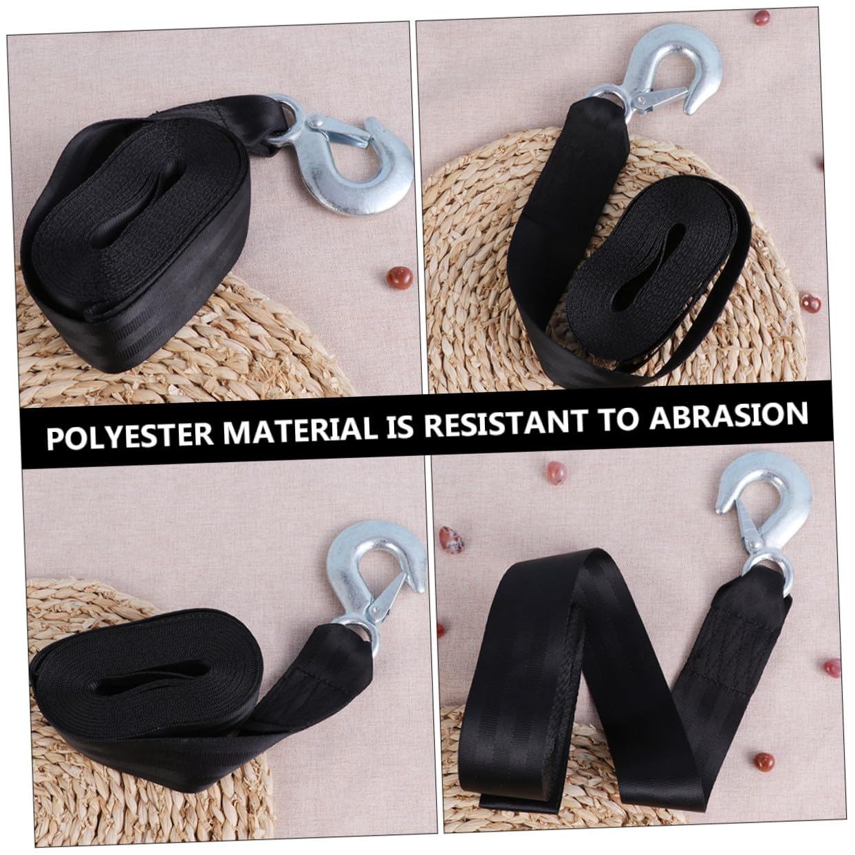 Cinghia Sicura e Anti-vibrazione in Poliestere Nero per Verricello Rimorchio Larghezza 4,7cm con Gancio di Acciaio per Carichi Fino a 1,5 Tonnellate