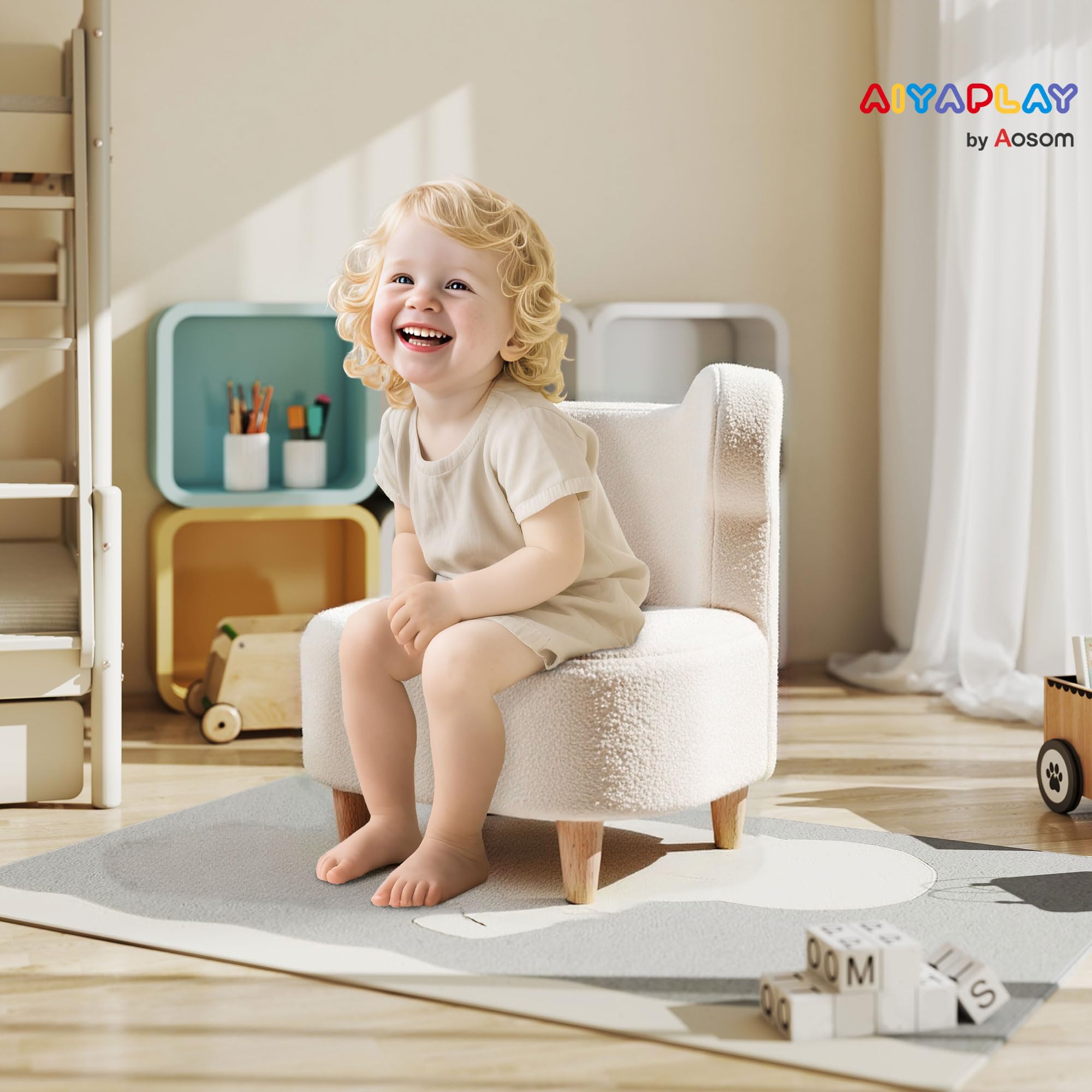 AIYAPLAY Kindersessel Kindersofa mit Teddyfleece-Optik, Bärenform massiven Holzfüßen Kinderstuhl für Kinderzimmer, Spielzimmer, 47 x 43 x 53 cm, für Kinder 1,5-3 Jahre Beige
