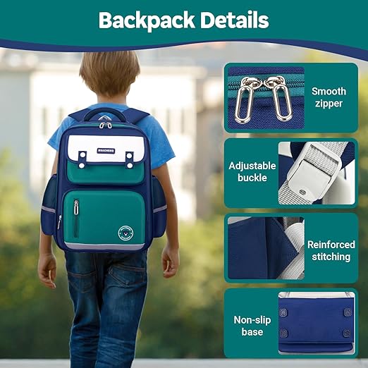 IvyH Schoolrugzak voor jongens, 16 inch, ergonomische rugzak voor kinderen, voor basisschool van 2-5 klassen, waterdichte schooltas voor jongens, 8-12 jaar, groen, Medium, Klassieke stijl