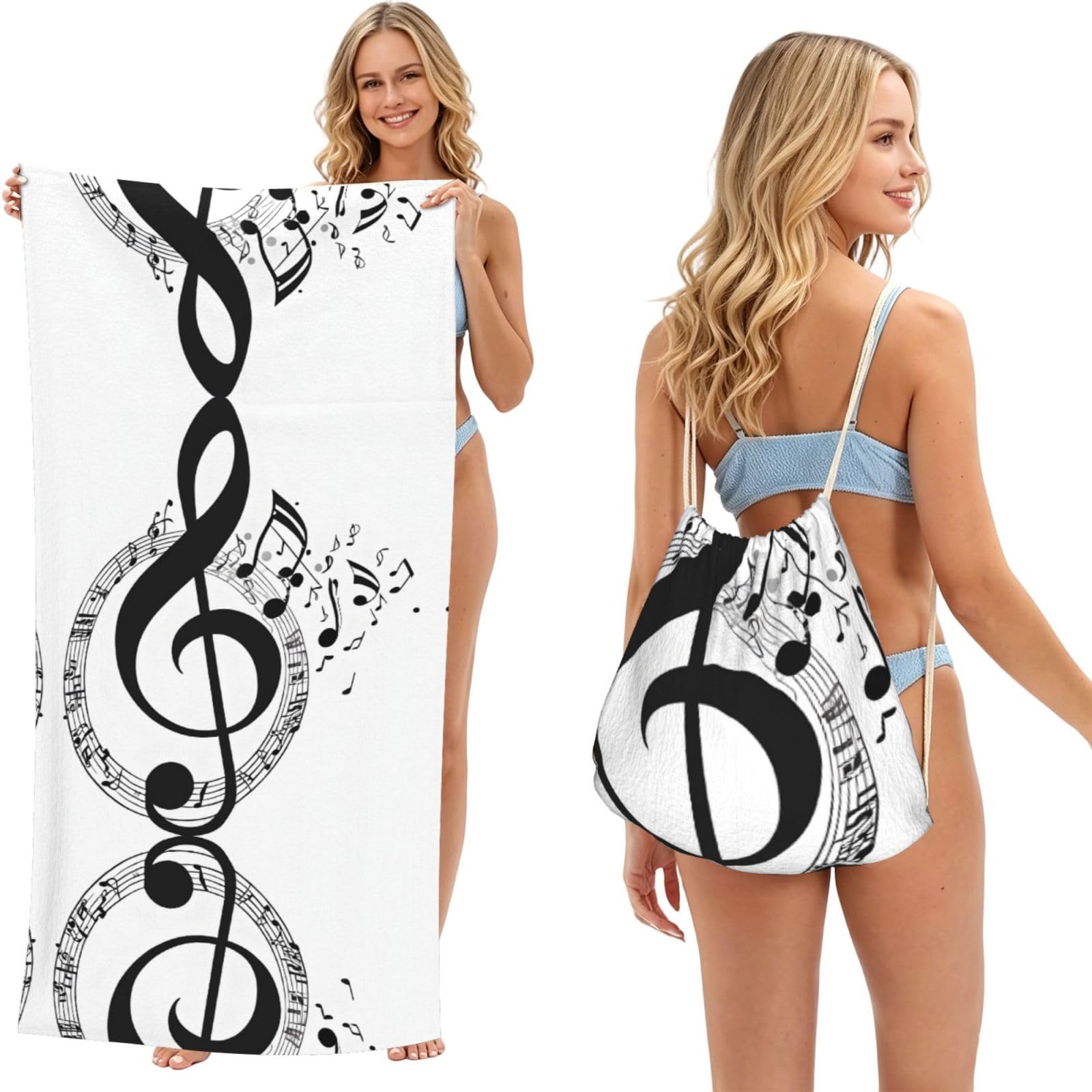 ESNAIUVCD Music Print Beach Towel For Adults,Towel With Drawstring Bag, Travel Pool Swimming Sports Shower Sand Free Quick Dry Bath Towel For Pool, Beach, Yoga- 180x60cm