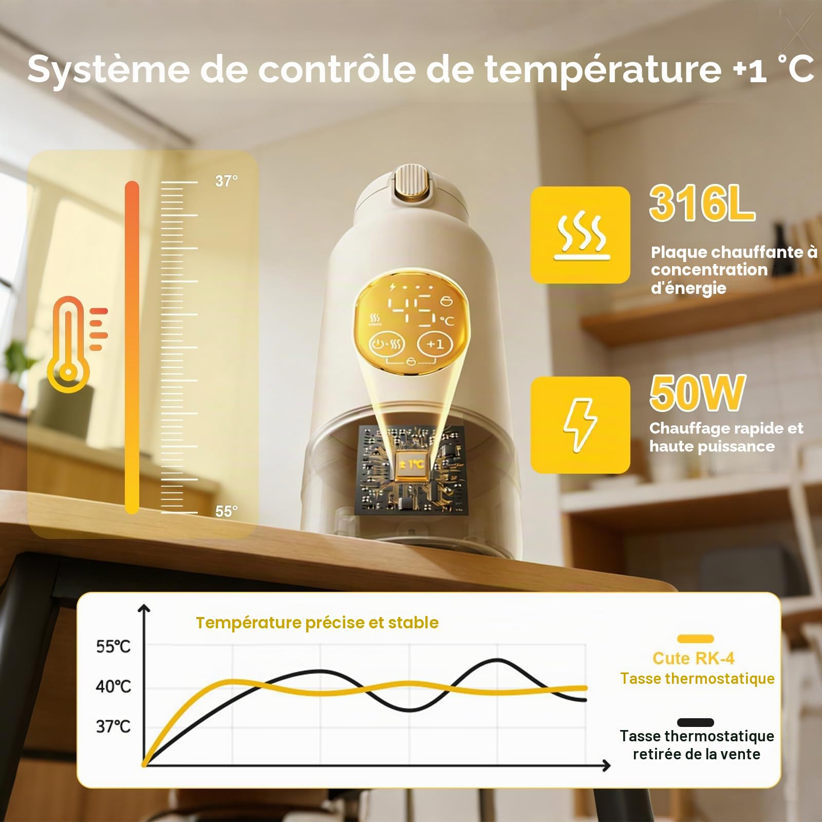 Chauffe Biberon Nomade Portable Sans Fil,500ml Réchauffeur Biberon Voiture | avec Batterie 14000mAh, Contrôle Température 37-55°C, Inox 316, Idéal pour Voyage,Nuit et Petit Pot avec Verrouillage