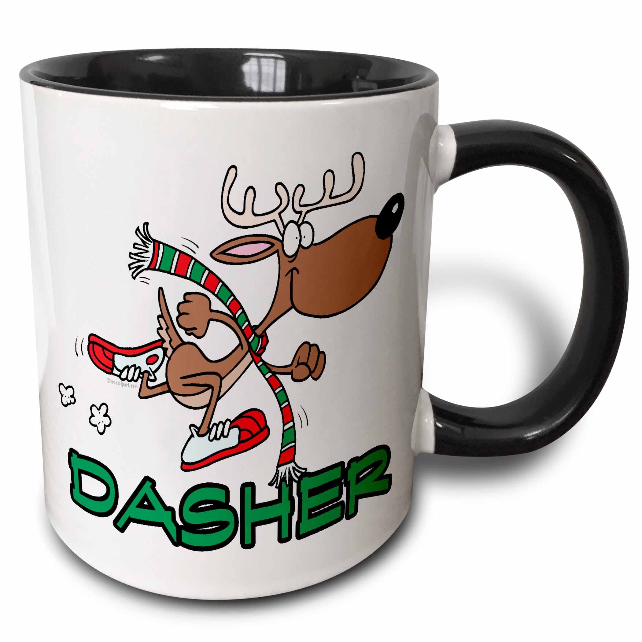 3Drose Black/White Cute Running Reindeer Dasher-Two Tone Mug, Ceramic, 10.16 X 7.62 X 9.52 Cm